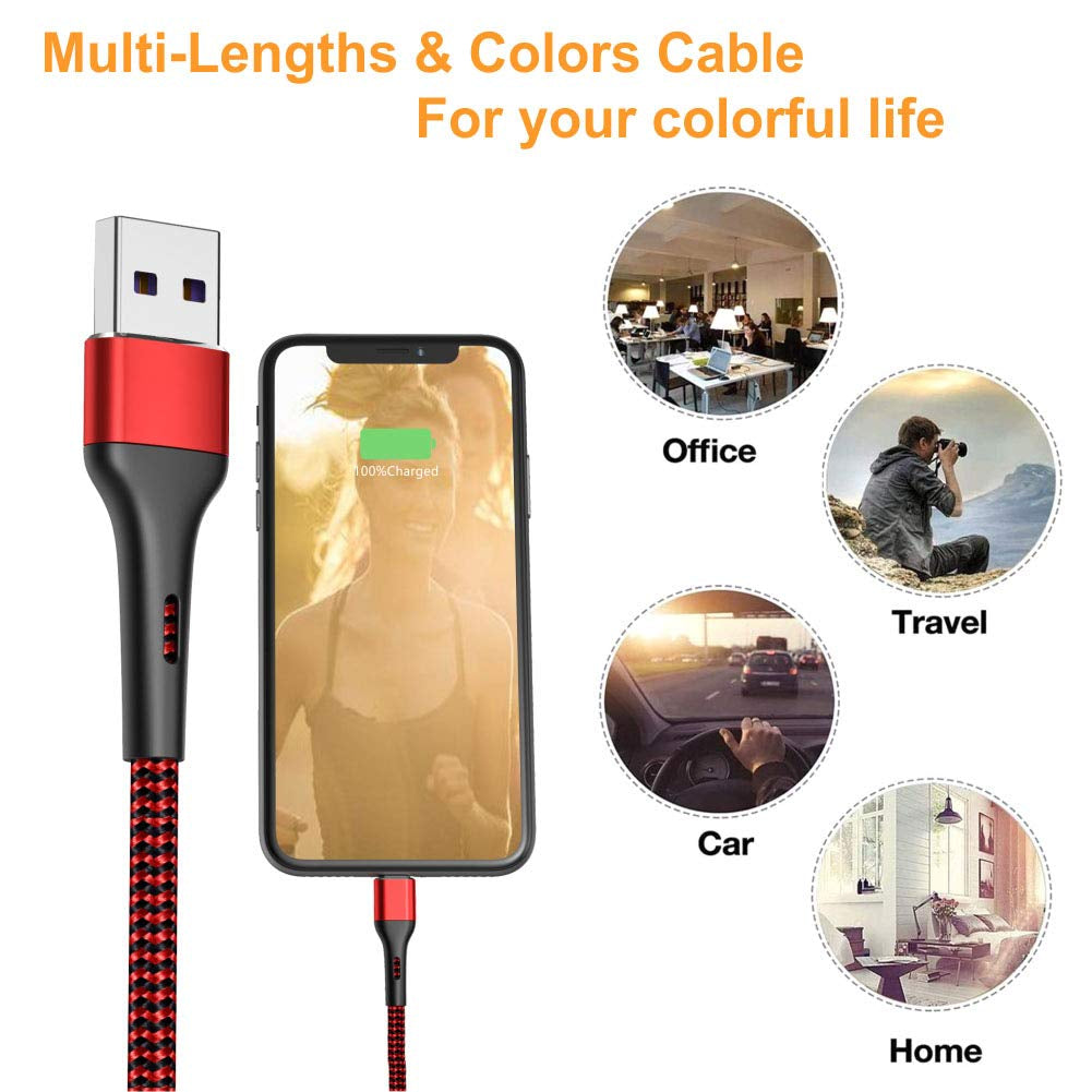 iPhone Charger Cable 4-Pack (1.5ft, 3ft, 6ft, 6ft) - MFi Certified Lightning Cable, Fast Charging Nylon Braided