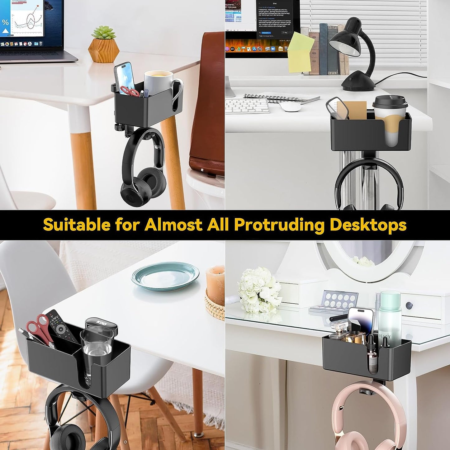 4-in-1 Desk Organizer with Under-Desk Headphone Hook, Dual Wire Holes, Rotating Headphone Hanger, Detachable Storage (Black)