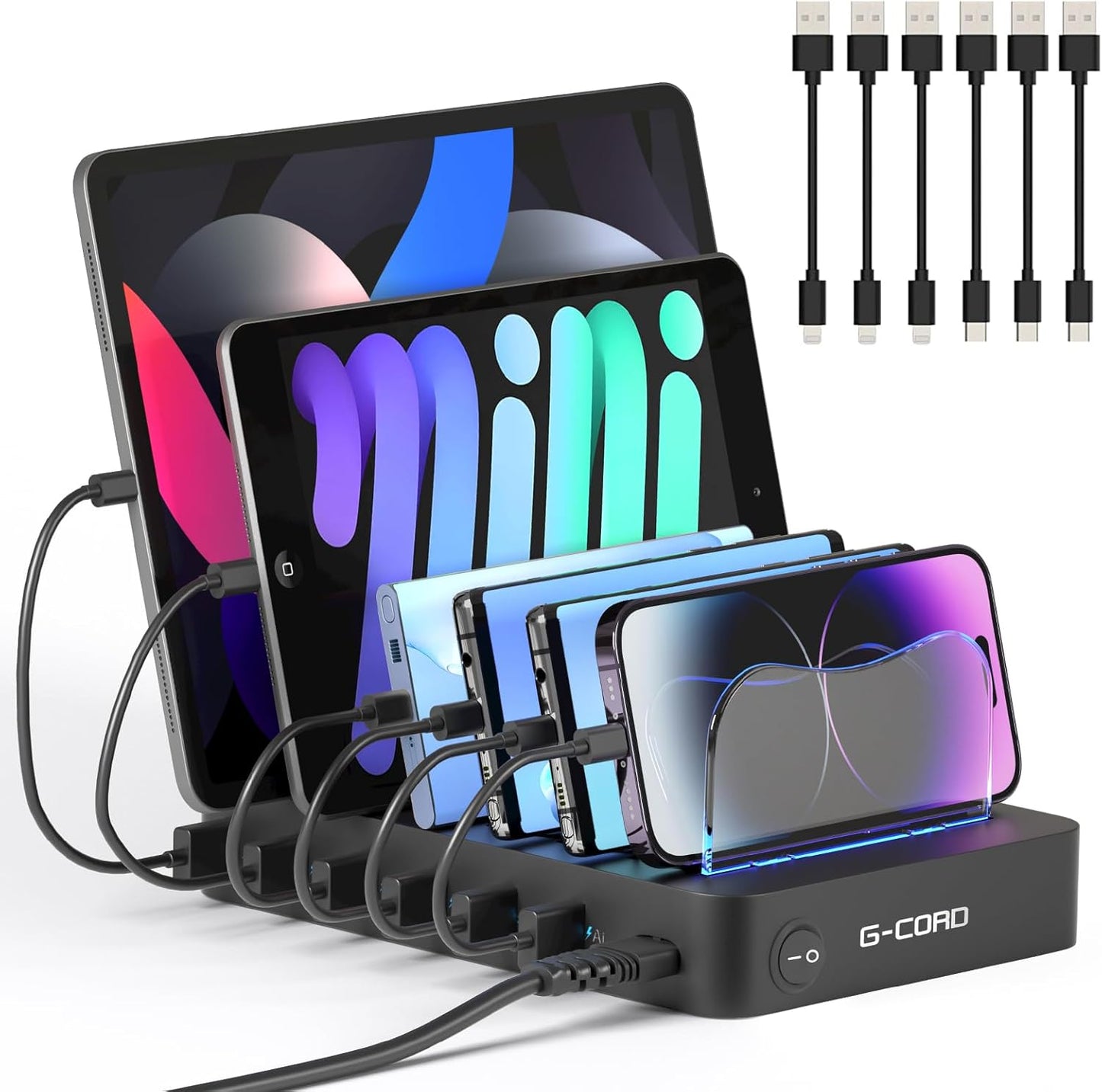 6-Port USB Charging Station with Detachable Docking Station for Smartphones and Tablets, Includes 6 Mixed Cables