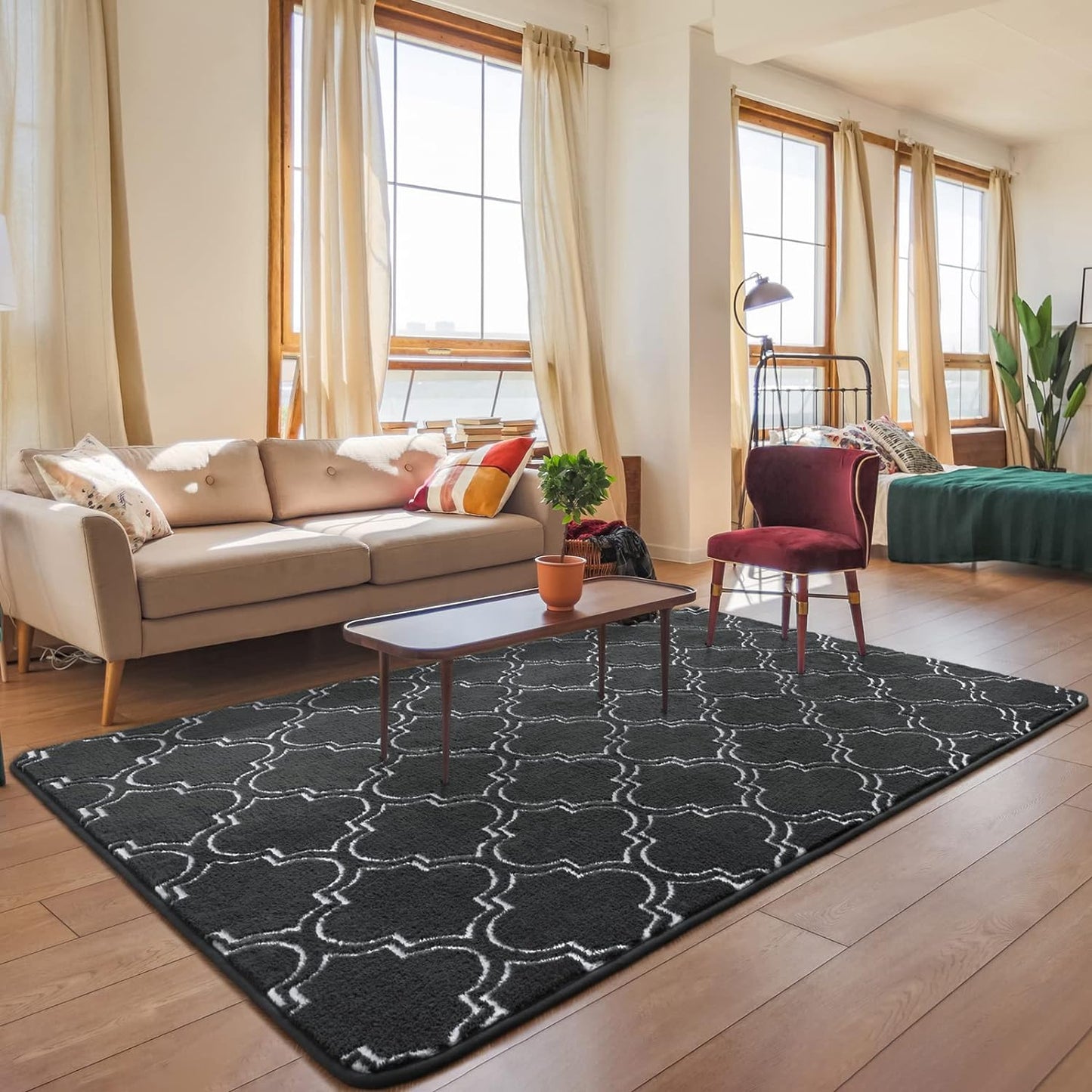 Shag Area Rug, 4' x 6' Soft Trellis Design for Bedroom and Living Room, Memory Foam Indoor Carpet, Gray/White