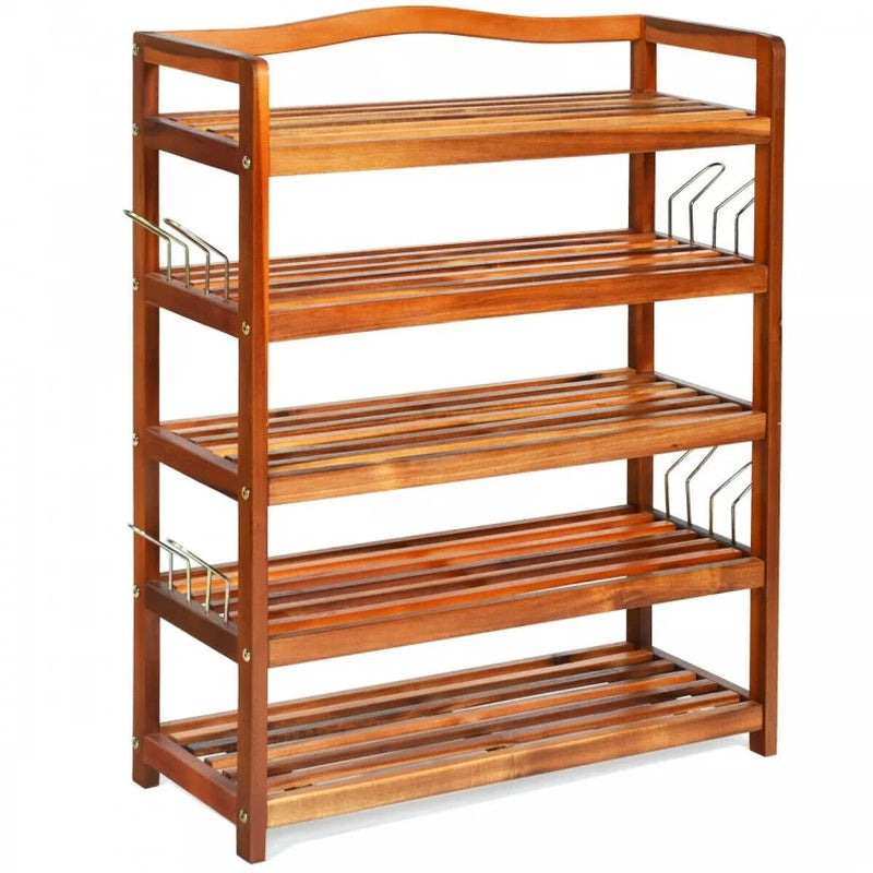 Acacia Wood Shoe Rack with 2-Tier, 3-Tier, and 5-Tier Options and Side Metal Hooks