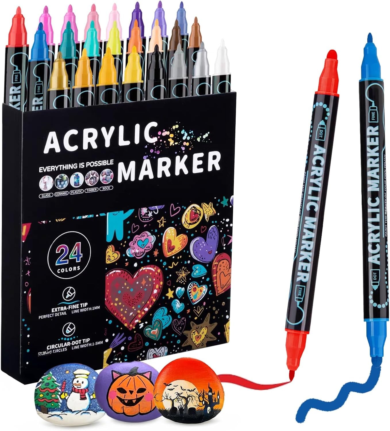 Dual Tip Acrylic Paint Pens - 24 Color Set for Versatile Art Projects on Rock, Canvas, Plastic, Metal, Wood, and Stone