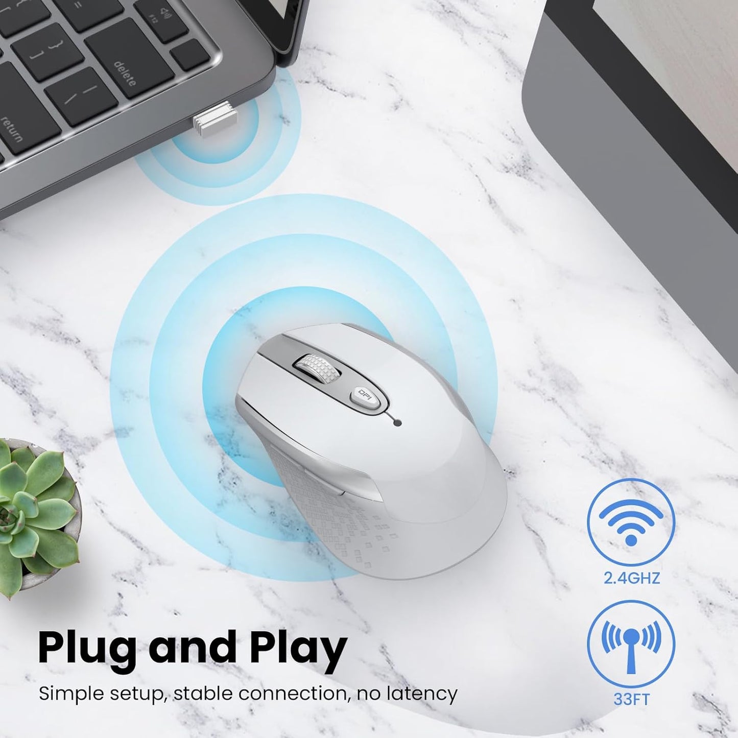Ergonomic Wireless Mouse for Laptops - 2.4G Silent Optical USB Mouse with 6 Buttons, 3 Adjustable DPI Levels (White)