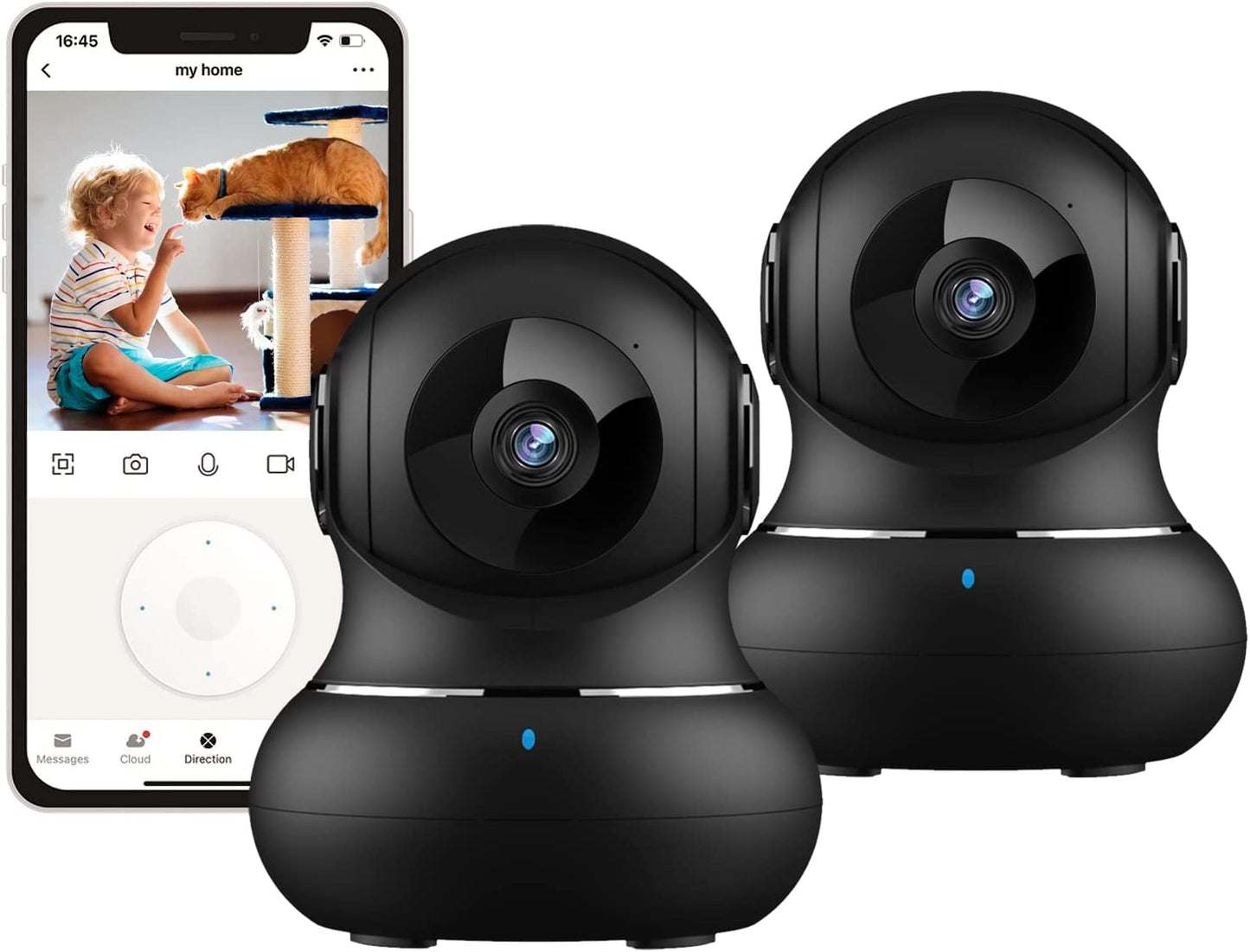 (Set of 2) 2K Indoor Security Camera System - 360° Pet Monitoring with Mobile App, Motion Detection, IR Night Vision, Two-Way Audio, Wireless Baby/Nanny Monitor, Compatible with Alexa