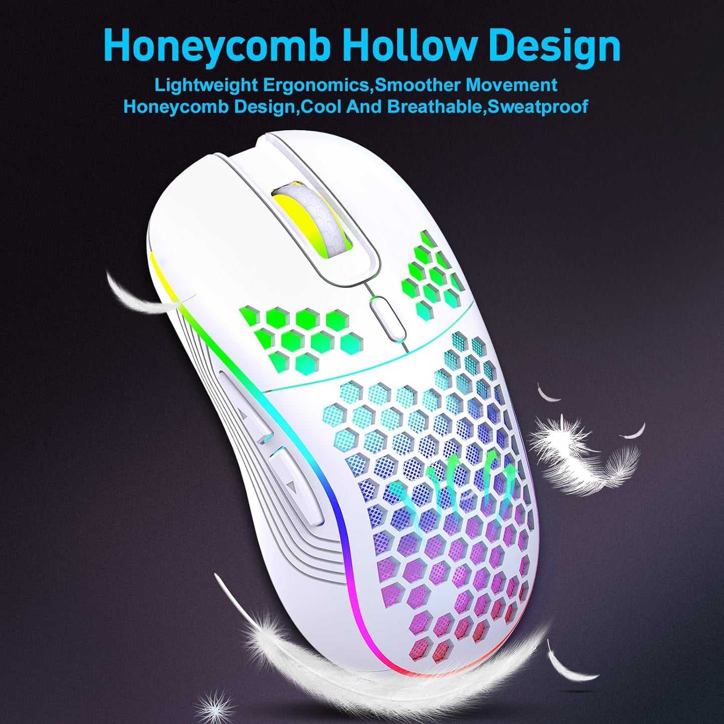 Wireless Gaming Mouse, Rechargeable Computer Mouse with RGB Backlight, USB Receiver, 6 Buttons, Adjustable DPI (White)