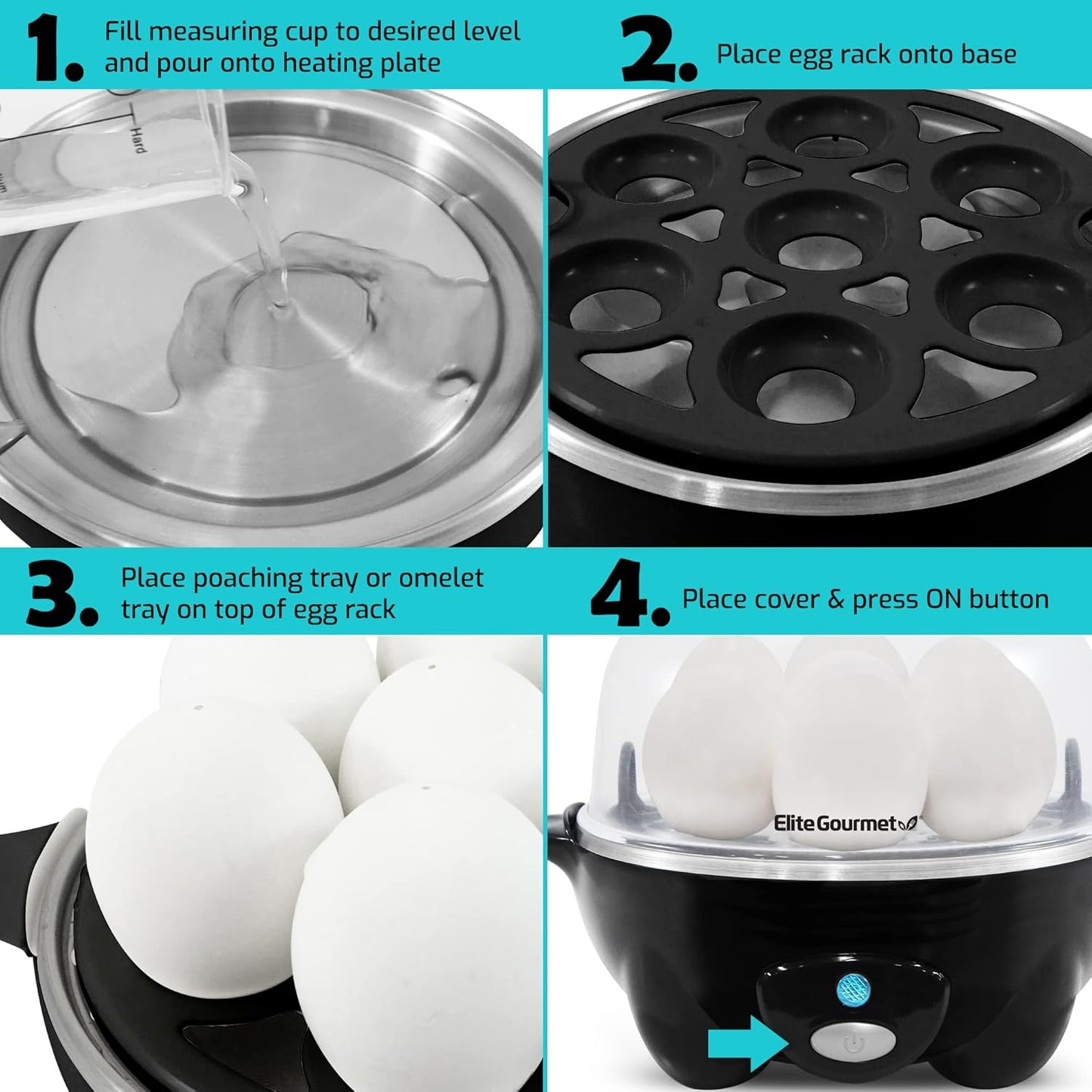 EGC-007B Rapid Egg Cooker - Prepare 7 Easy-to-Peel Hard, Medium, and Soft Boiled Eggs, Poached Eggs, and Omelets with Auto Shut-Off, Alarm Feature, and Included 16-Recipe Booklet, BPA-Free, Black