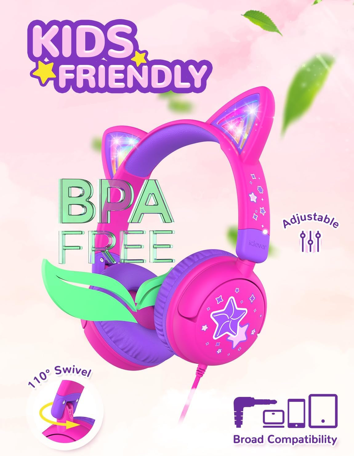 Children's Cat Ear Headphones with LED Lights, 85dBA Volume Limiting, Stereo Sound, Foldable Wired Design for Travel and School, Compatible with iPads and Tablets, Meow Lollipop - Hot Pink