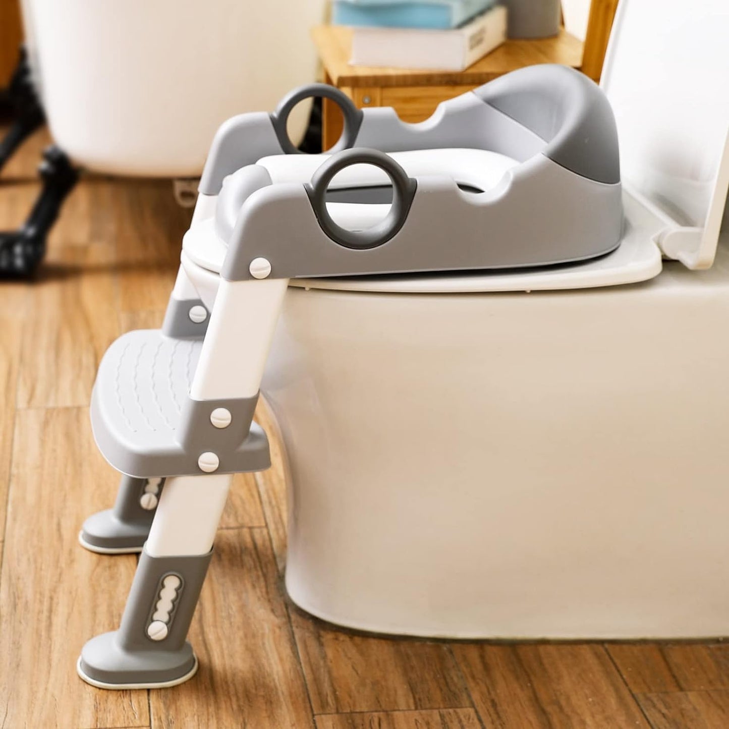 Potty Training Toilet Seat with Step Stool Ladder for Toddlers - Padded Non-Slip Design with Handles (Gray)