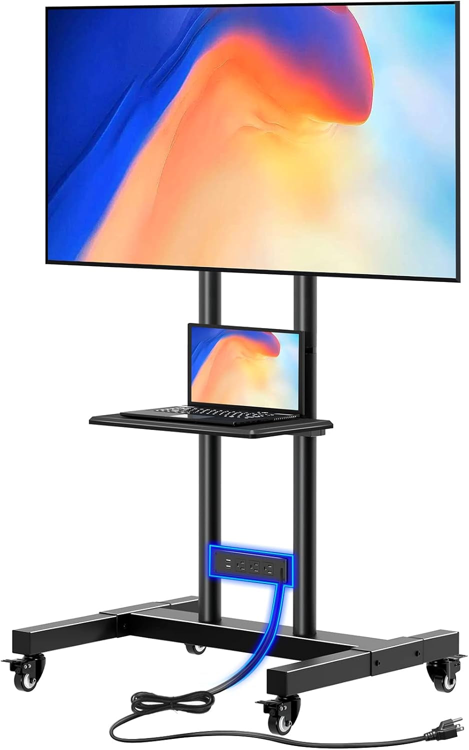 Mobile TV Cart with Power Outlet for 32-85 Inch Flat and Curved Screens Up to 132 lbs, Height Adjustable Rolling Stand with AV Shelf, Max VESA 600x400mm
