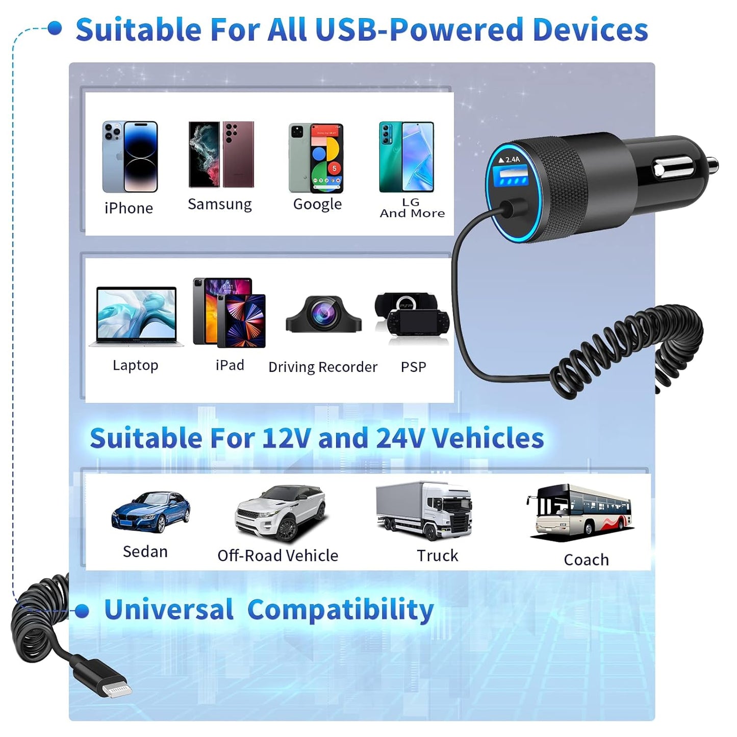 Apple MFi Certified Fast Charging Car Charger with 4.8A Output and 6FT Coiled Lightning Cable