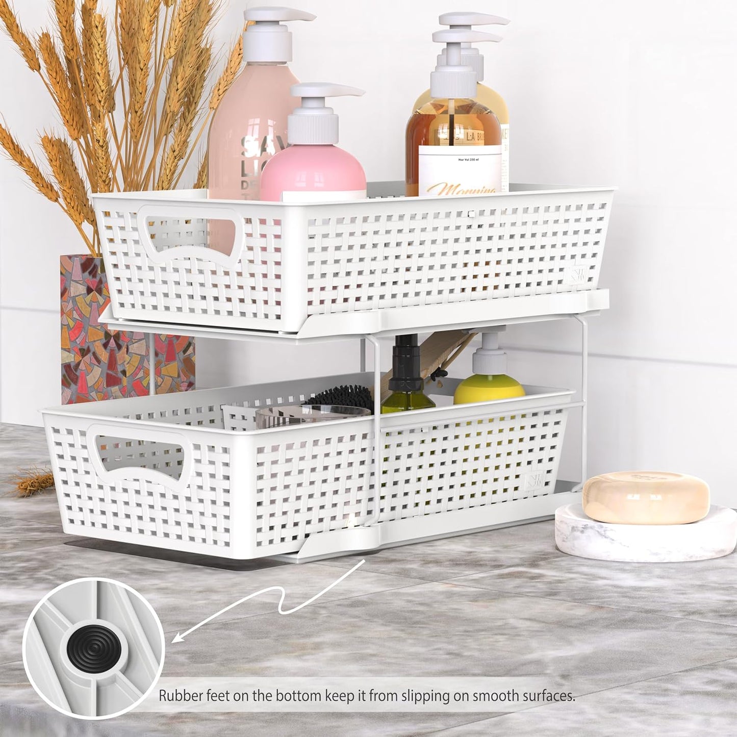 Simplehouseware Two-Tier Under-Sink Bathroom Organizer with Pull-Out Sliding Drawer, White
