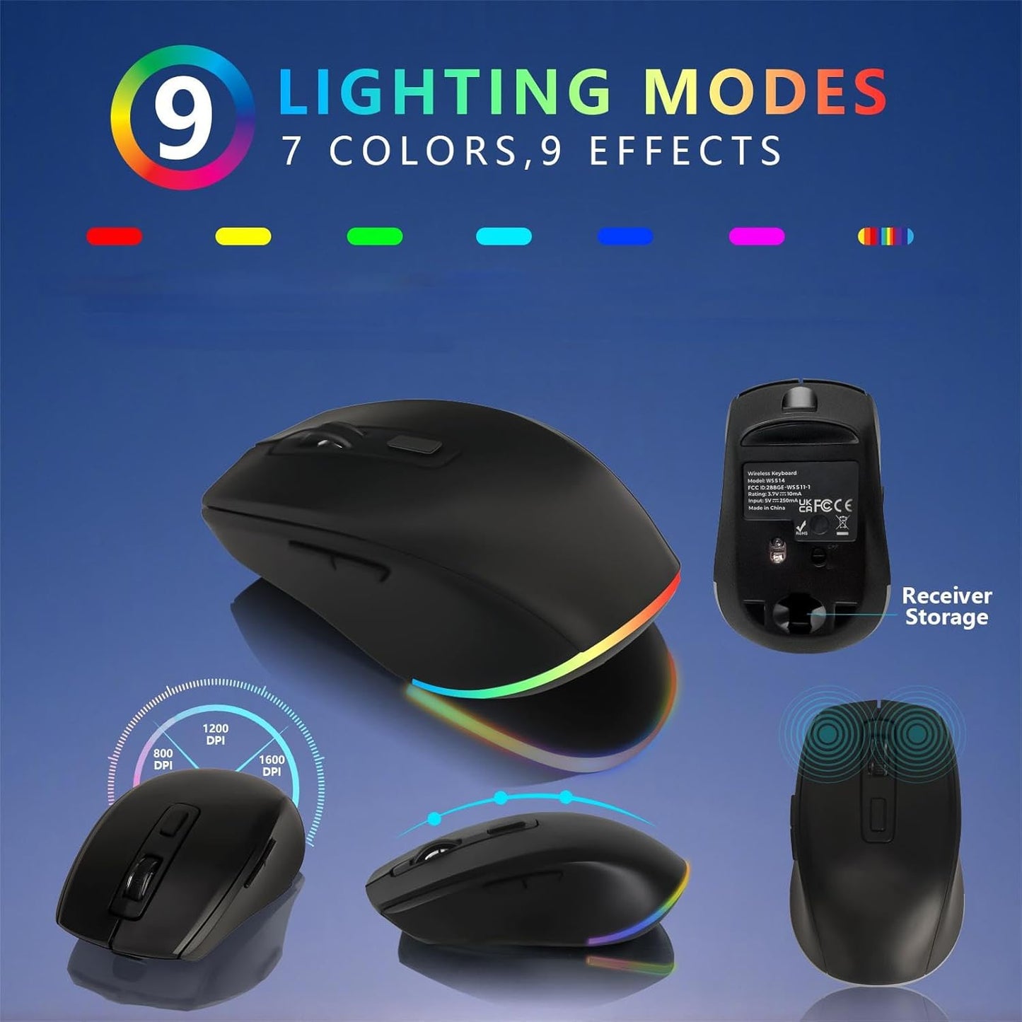 Backlit Wireless Keyboard and Mouse Set with Rechargeable Battery, Device Stand, RGB Lighting, and Dual Layout Compatibility