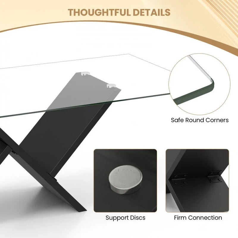 47-Inch Modern Rectangle Glass Coffee Table with Tempered Glass Top