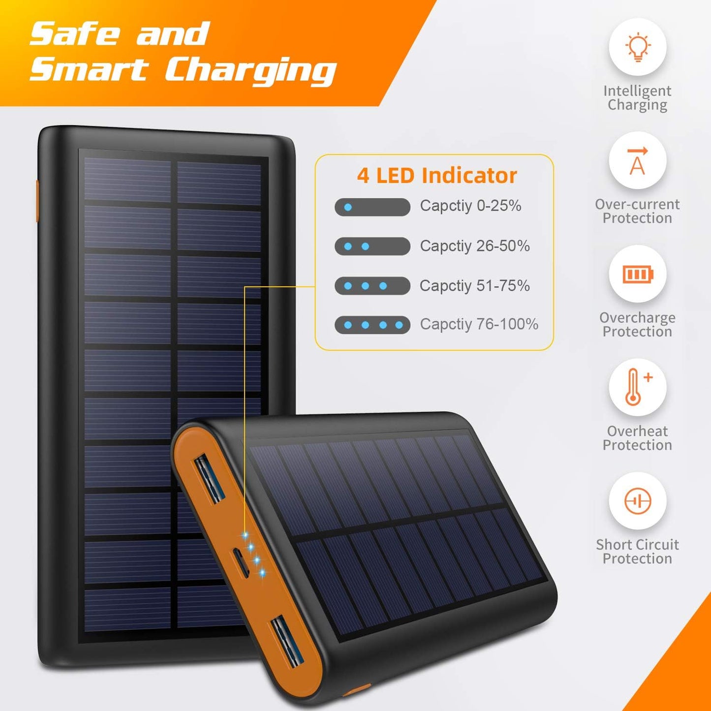 26800mAh Solar Power Bank with Dual USB Outputs and LED Indicators - Portable Solar Charger for Smartphones, Tablets, and Android Devices Ideal for Camping and Outdoor Use