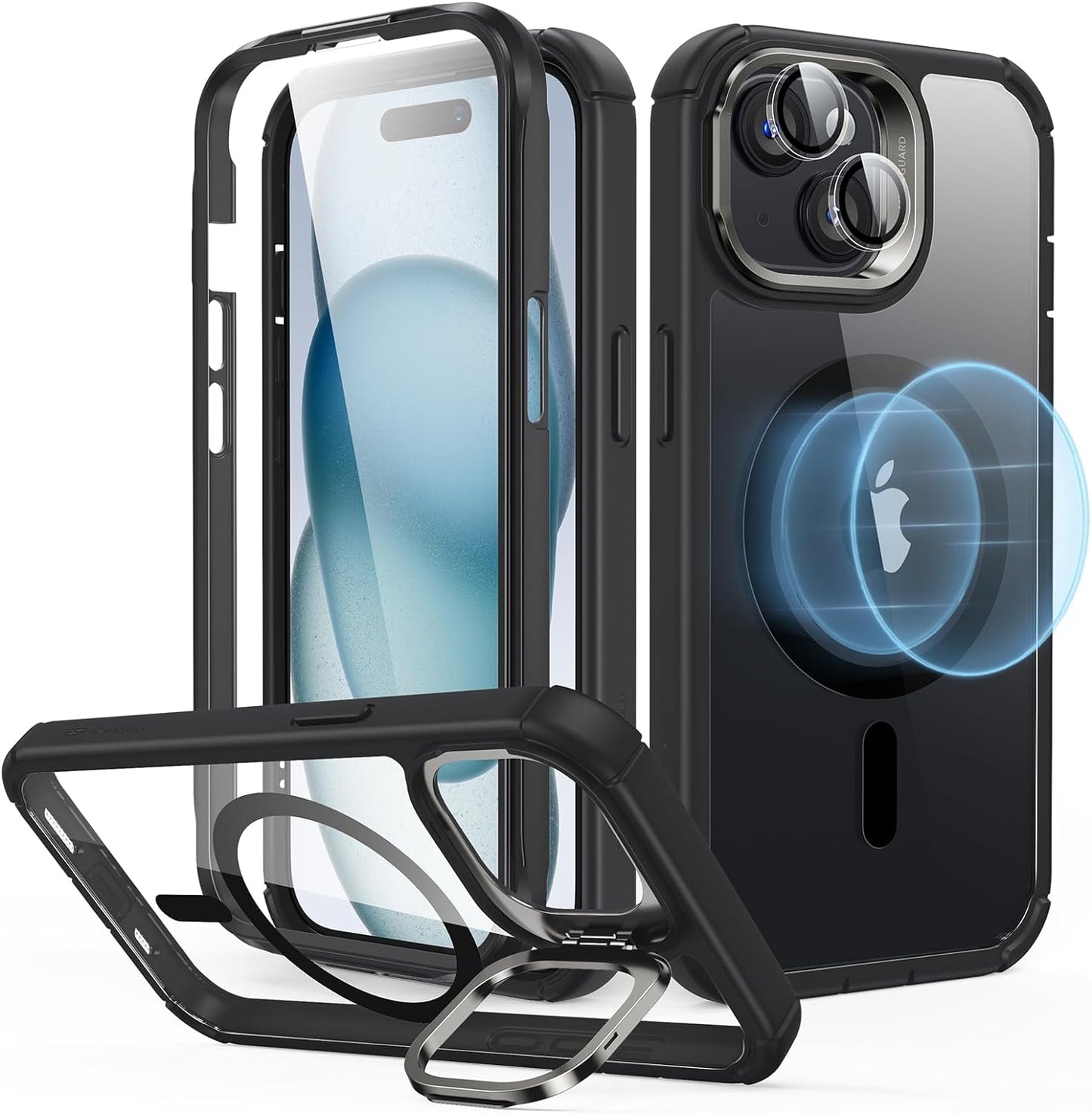 iPhone 15 Pro Max Armor Series Case: Full-Body Shockproof MagSafe Protection with Built-In Stash Stand and Individual Lens Protectors - Black