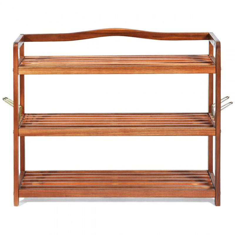 Acacia Wood Shoe Rack with 2-Tier, 3-Tier, and 5-Tier Options and Side Metal Hooks