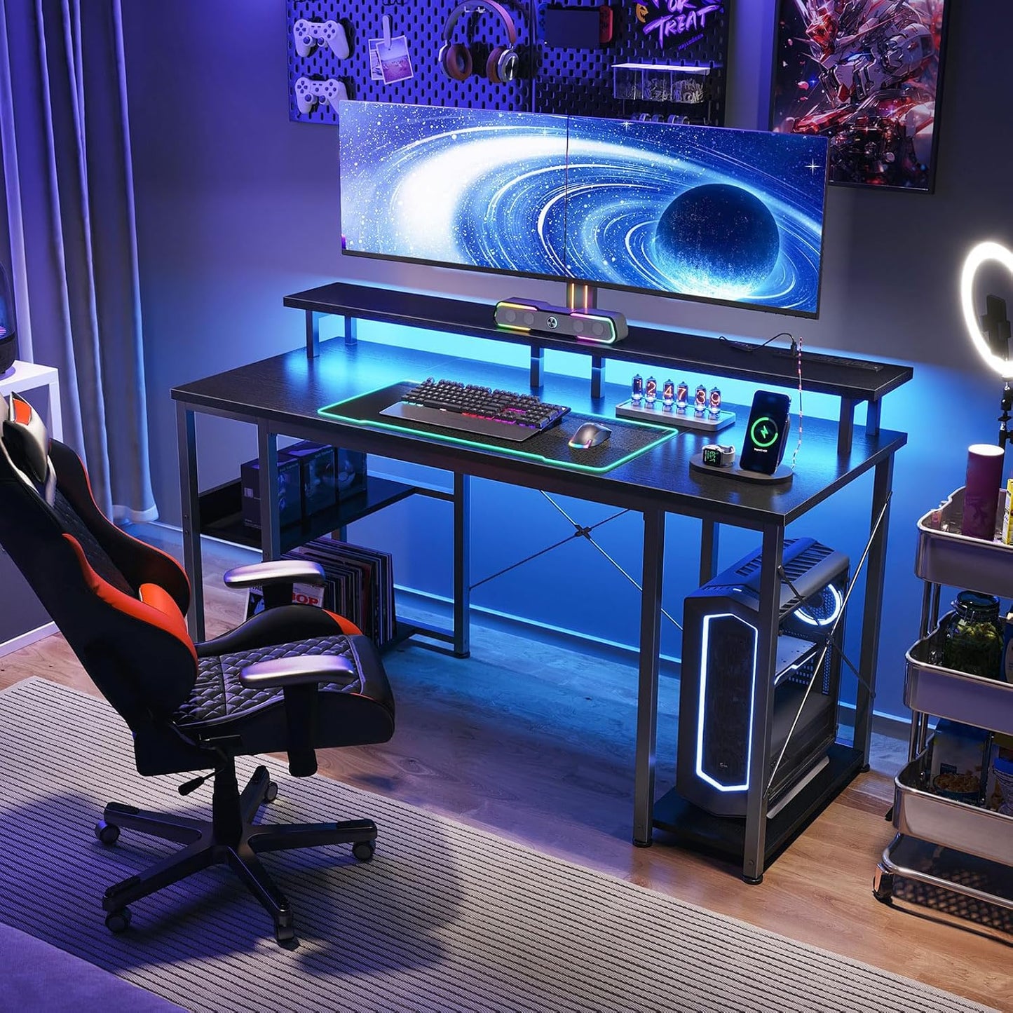 48-Inch Gaming Desk with LED Lighting and Power Outlet, Featuring Storage Shelves and Monitor Stand, Black