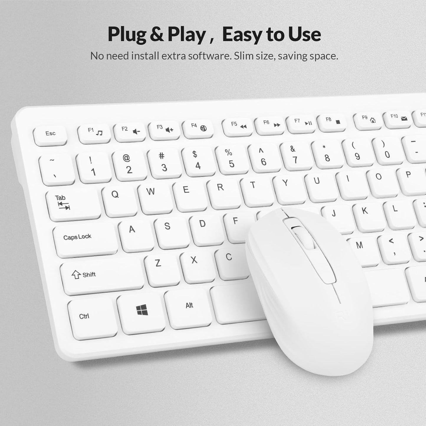 Wireless Full-Size Keyboard and Mouse Combo, Quiet-Typing Set for PC, Office, and School (White)
