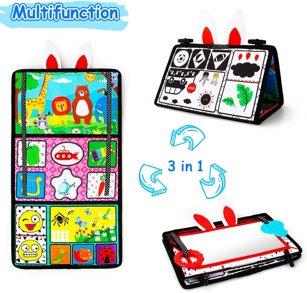 Tummy Time Mirror Toy Activity Circle Mat - High Contrast Black - White Developmental Play Set, Infants 0-6 Months, Sensory Textures, Squeaker Piano