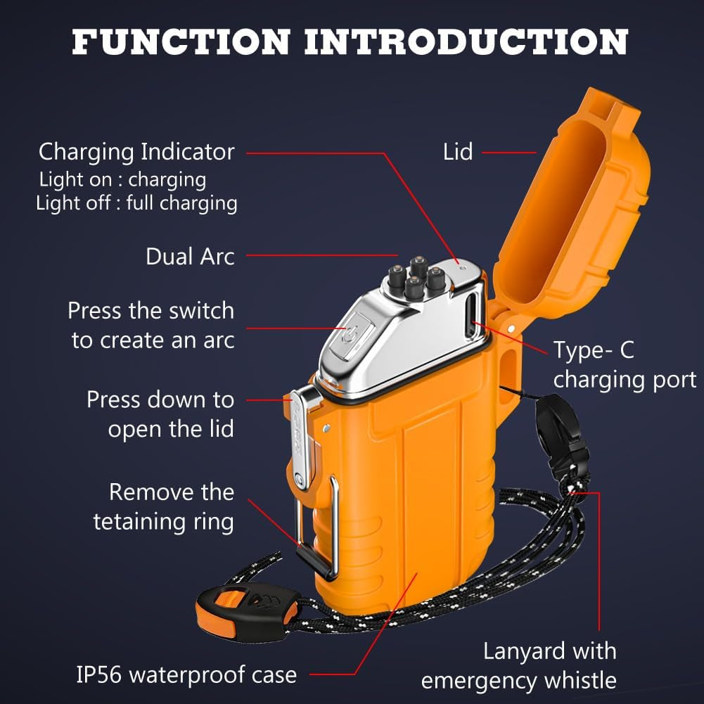 Plasma Arc Lighter with Emergency Whistle - Waterproof, Windproof, Rechargeable USB Electric Lighter for Hiking, Camping, and Tactical Adventures (Orange)