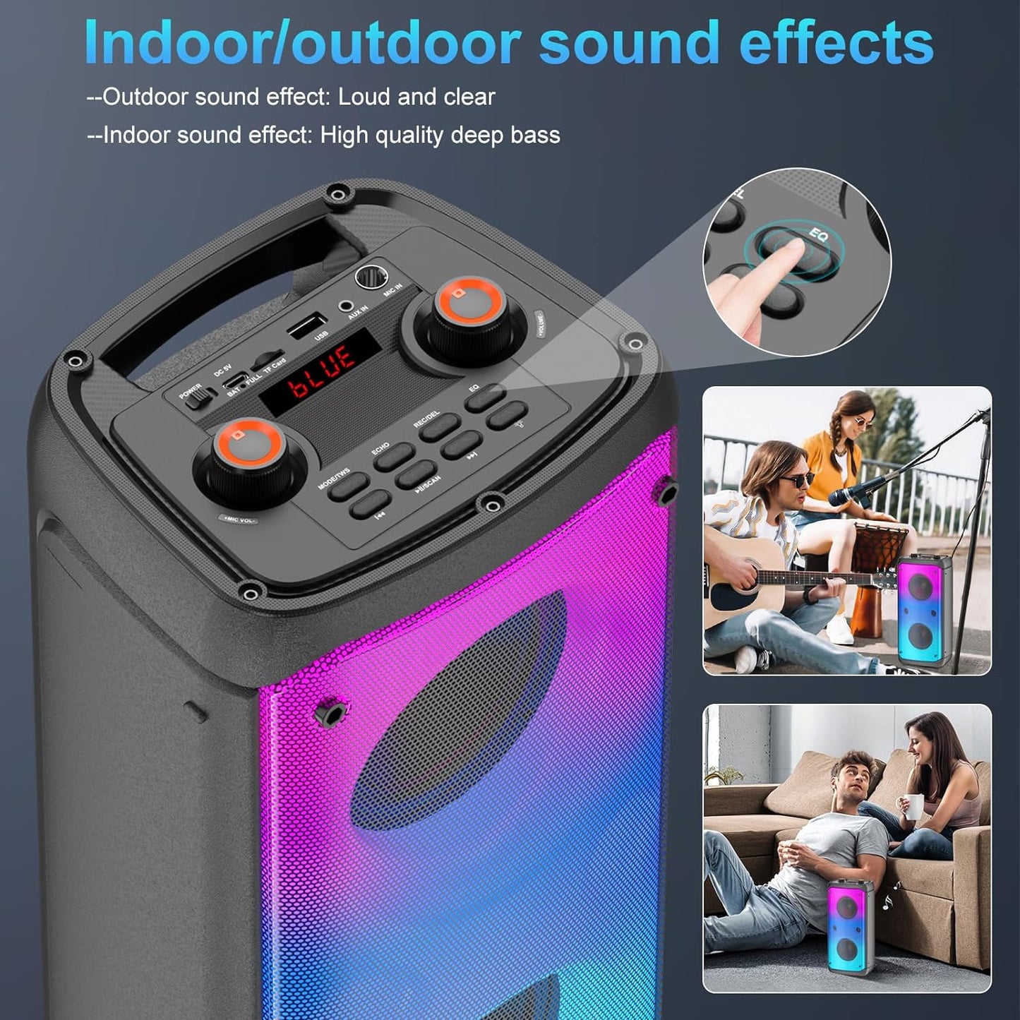 80W Peak Wireless Bluetooth Speaker - Subwoofer, TWS Portable Outdoor Party Speaker, Deep Bass, LED Lights, Loud Stereo Sound, Mic