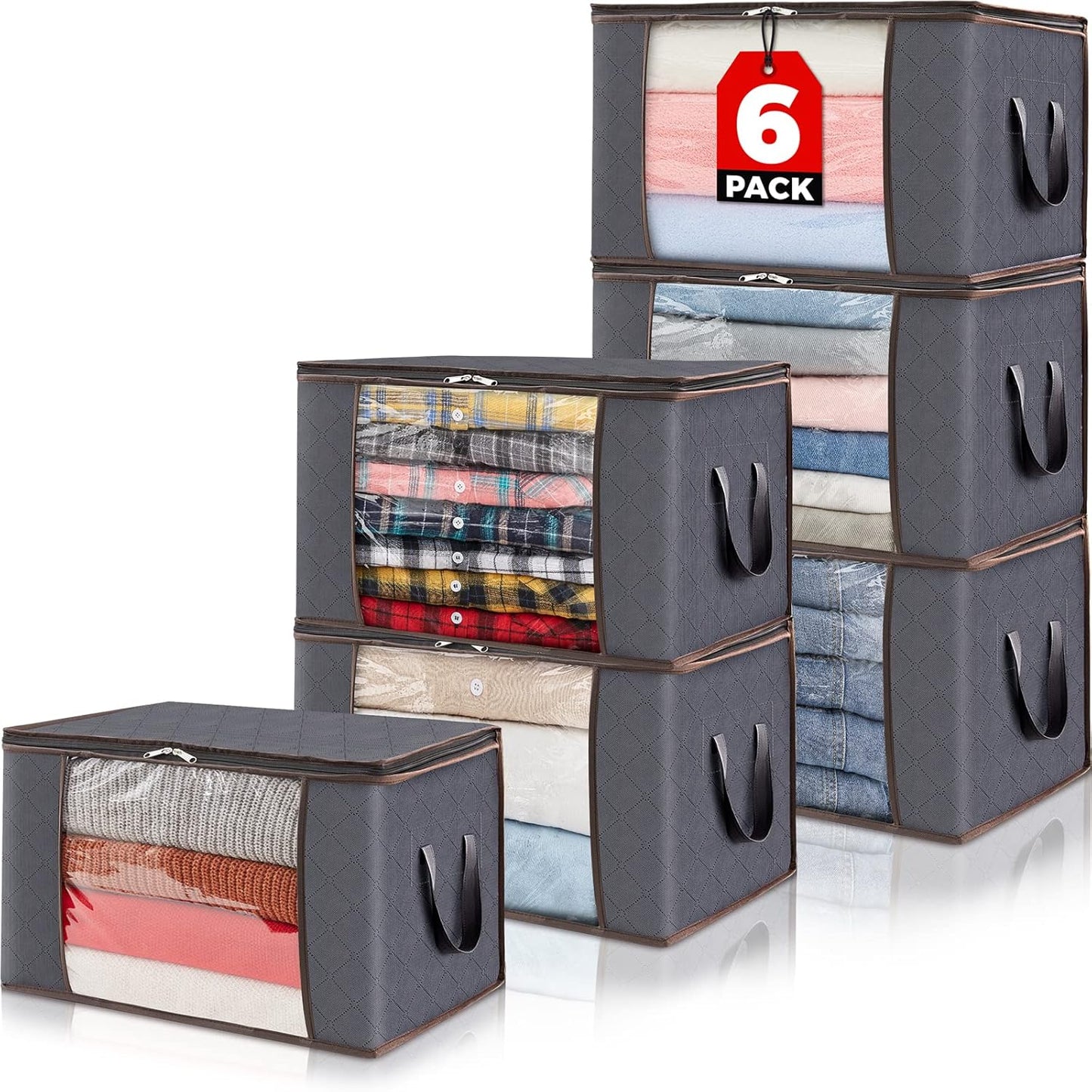 6-Pack Foldable Clothes Storage Bins - Reinforced Handles, Sturdy Zippers, Clear Window Design for Organizing