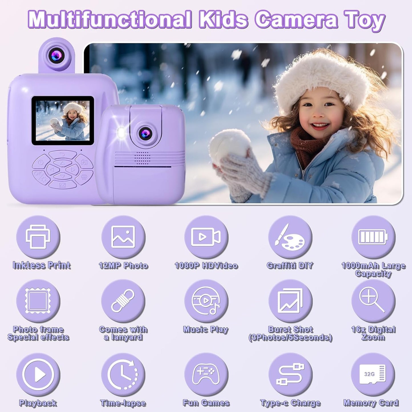 Kids Instant Print Camera - Instant Camera, Video Camera Toy, Ages 3+ (Purple)