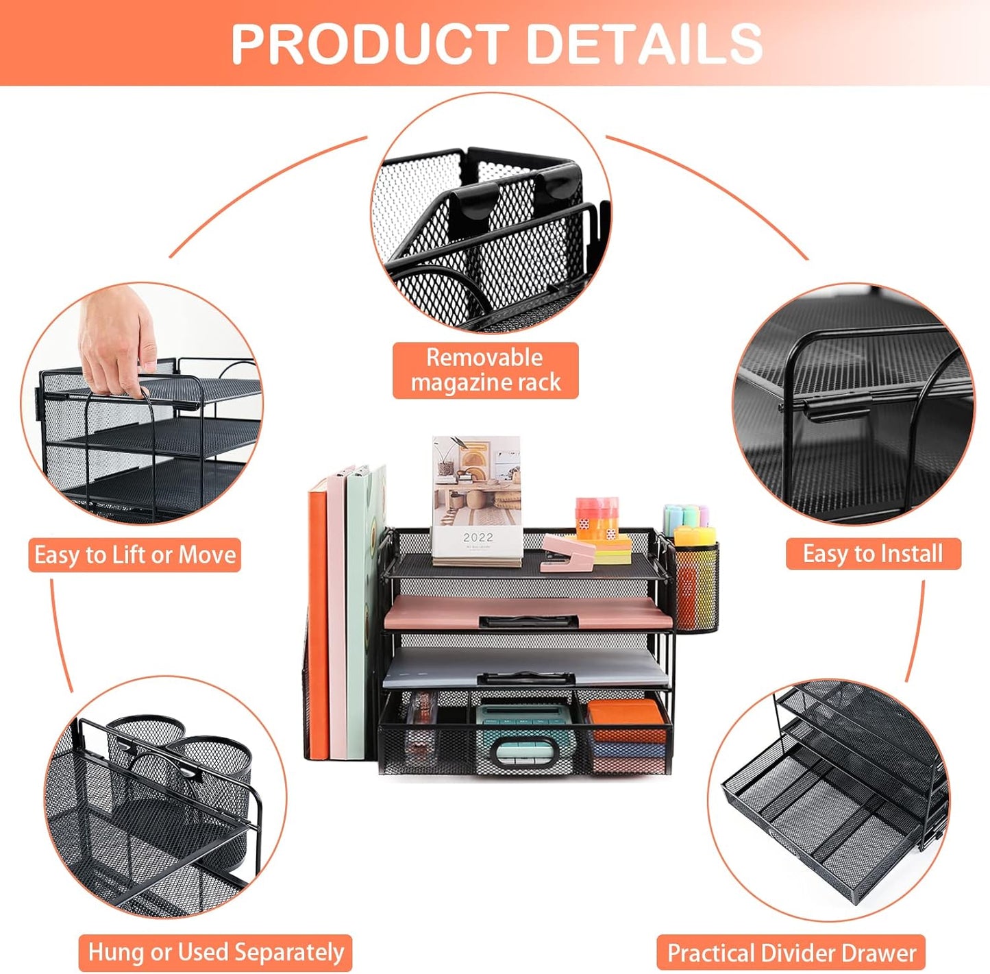 4-Tier Mesh Desk Organizer with File Holder, Drawer, and Pen Holders for Office Supplies