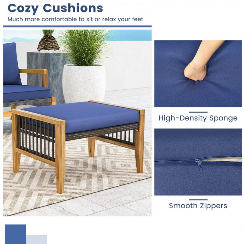 Acacia Wood Patio Ottomans with Cushions and Versatile Rattan Woven Footstools