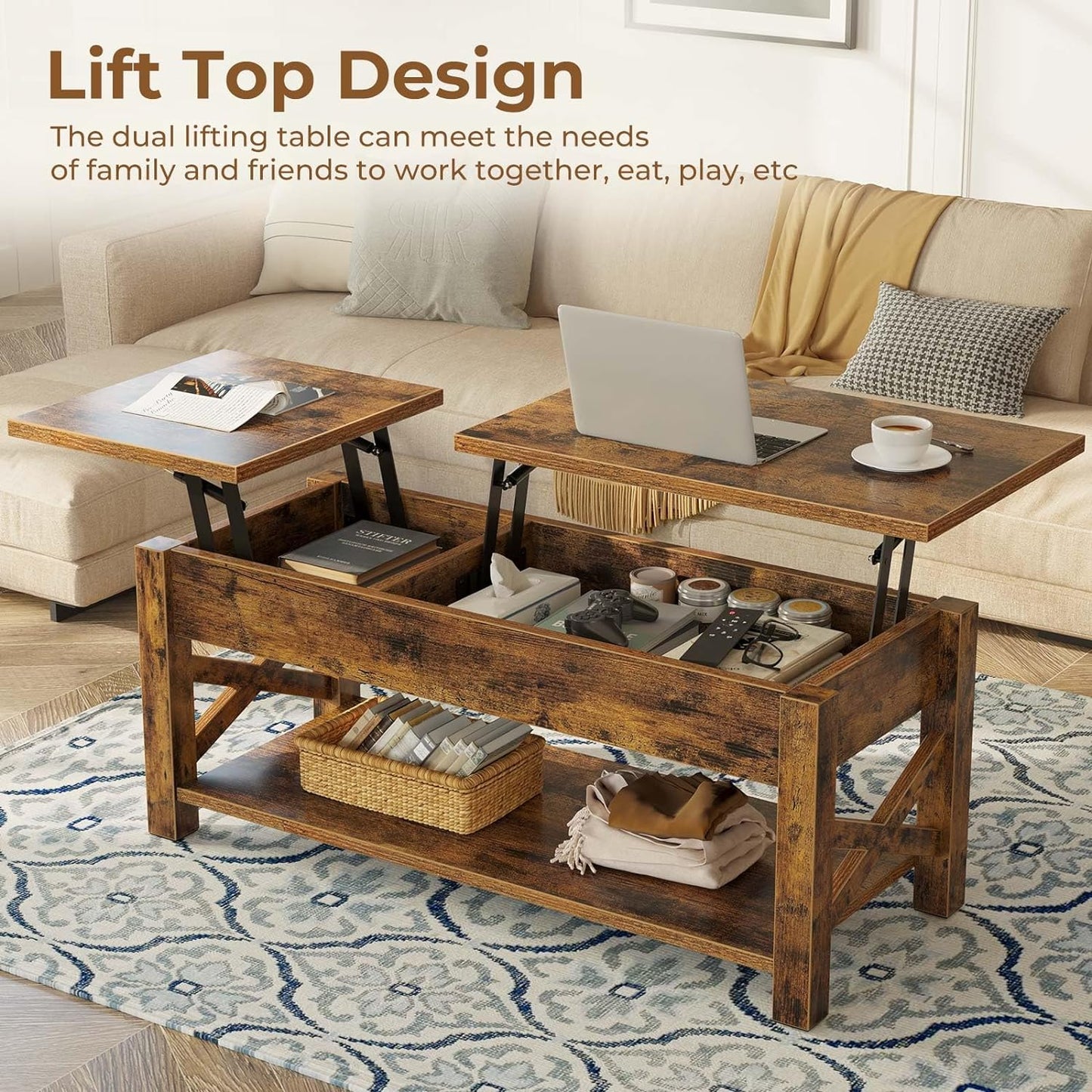 47.2" Lift Top Coffee Table with Hidden Compartment and Open Shelf, Rustic Brown Farmhouse Center Table