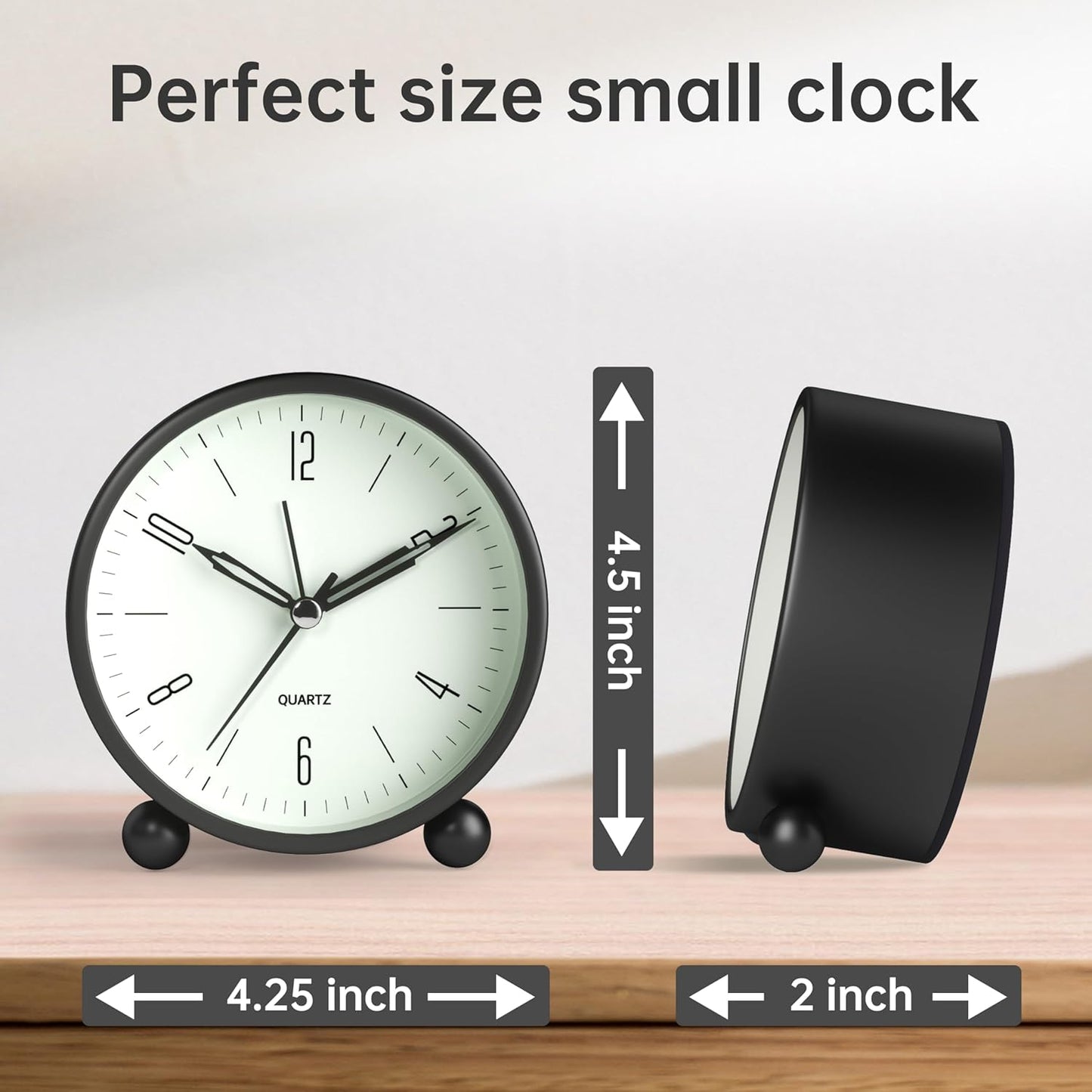 Analog Alarm Clock - 4 Inch Silent Non-Ticking Design with Night Light, Battery Operated, Classic Black Decor for Bedroom, Desk, and Gifting