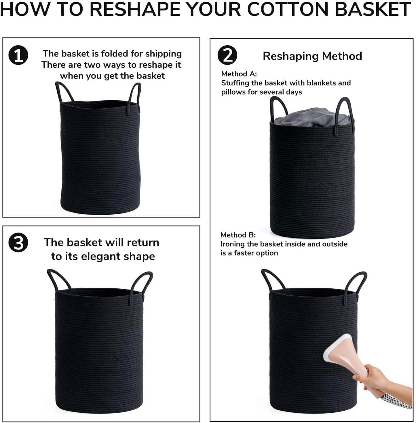 Large Woven Laundry Basket - Tall Rope Hamper for Clothes, Toys, Towels, and Blankets - Black, 15 x 20 Inches