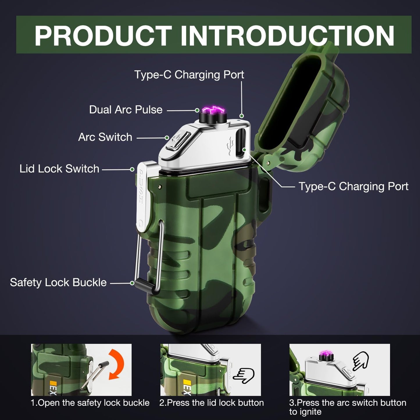 USB Rechargeable Arc Plasma Lighter - Waterproof Tactical EDC Gear for Camping and Survival (Camouflage)