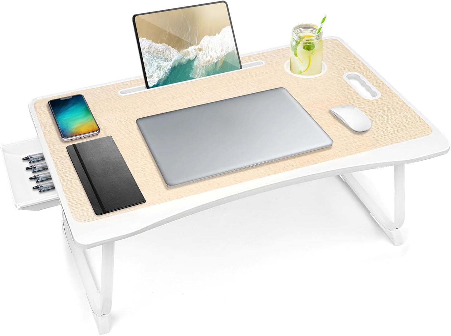 Foldable Portable Laptop Bed Desk Tray with Storage Drawer and Cup Holder for Breakfast and Reading - White Oak