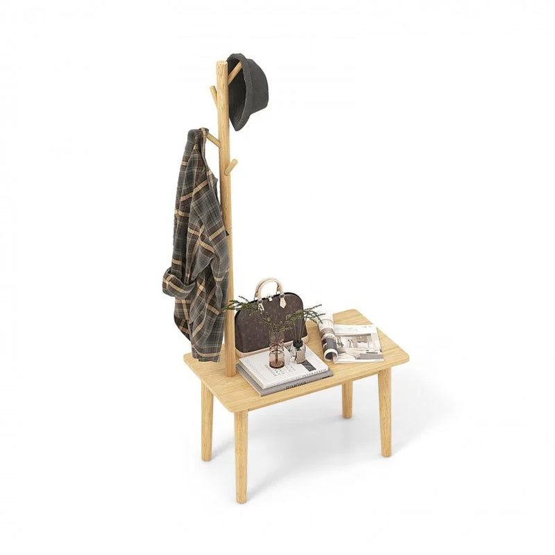 Solid Wood Coat Rack End Table with Integrated Side Table Design