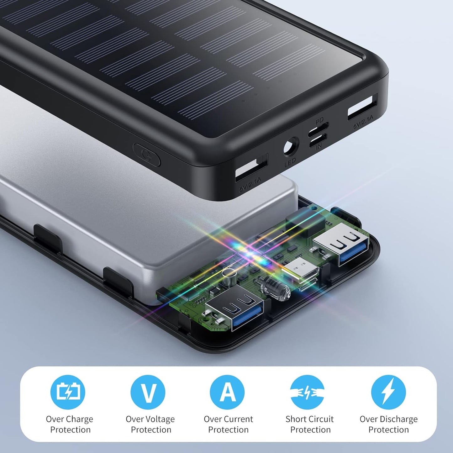 27000mAh Portable Power Bank - PD 3.0 Fast Charging Battery Pack with 3 Outputs, Solar Charging Capability, and LED Flashlight