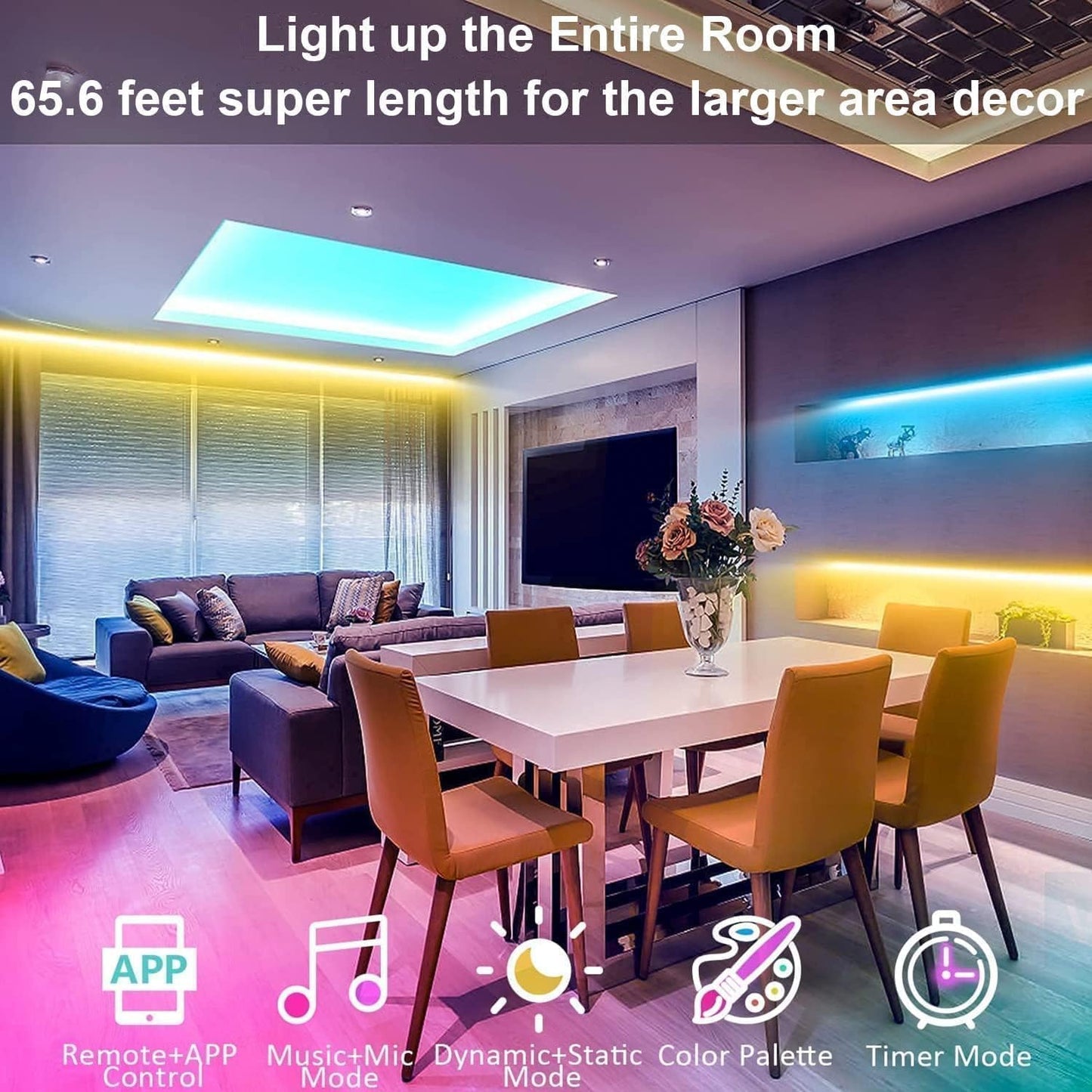 65.6Ft Smart Color Changing LED Strip Lights with Bluetooth Control - Ideal for Bedroom, TV, Party