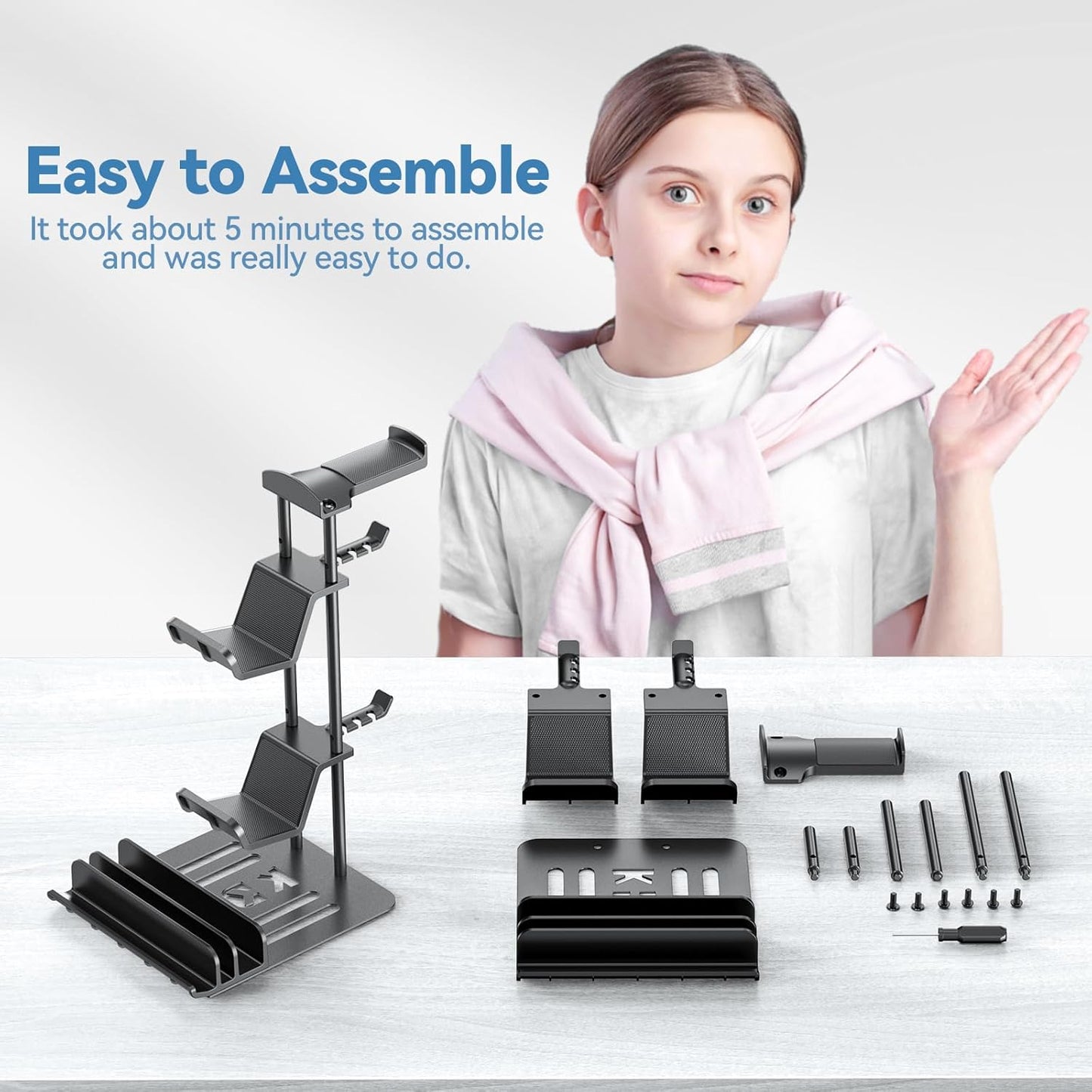 Premium Headphone and Game Controller Stand with Aluminum Support Bar - Universal Organizer for Headphones, Controllers, Switch, iPad, and Mobile Phones