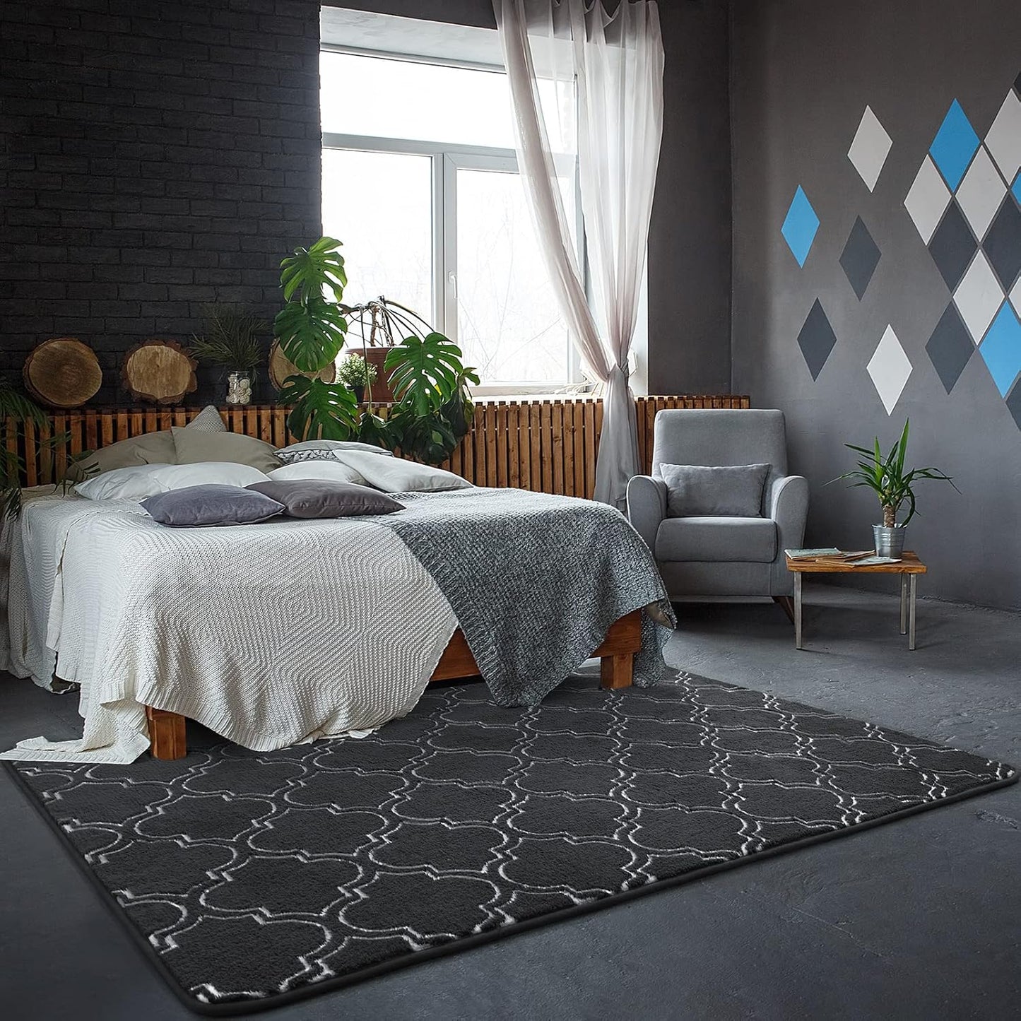 Shag Area Rug, 4' x 6' Soft Trellis Design for Bedroom and Living Room, Memory Foam Indoor Carpet, Gray/White