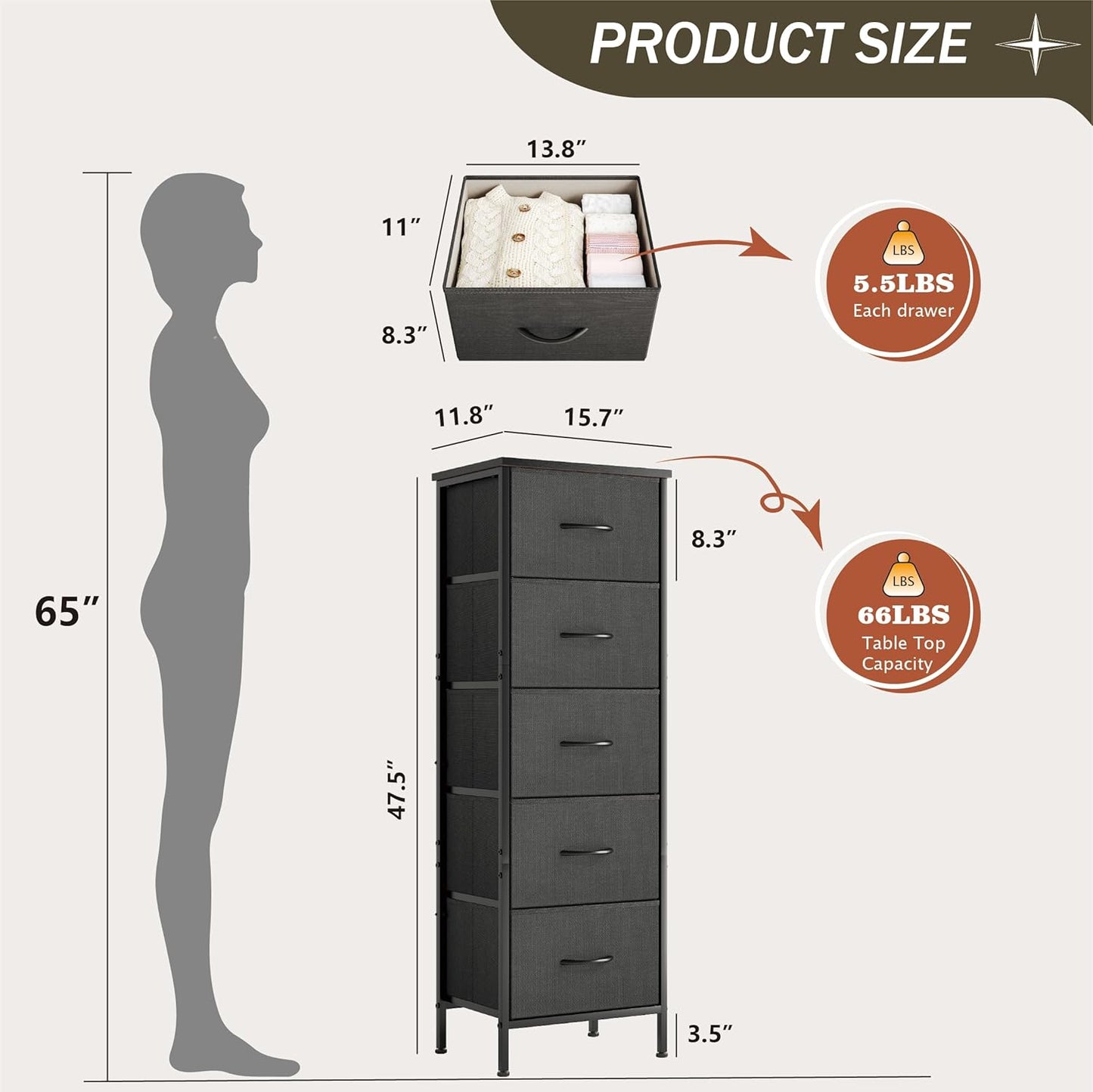 5-Drawer Tall Dresser for Bedroom, Fabric Dresser, Storage Dresser Organizer with Fabric Bins, Wood Top, Sturdy Steel Frame, Chest of Drawers for Closet, Hallway (Charcoal Black)