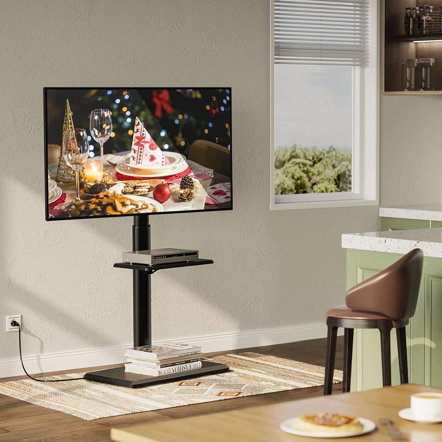 TV Stand with Power Outlet, Universal Floor TV Stand for 32-70 Inch, Swivel Tall TV Stand - AV Shelf, Holds up to 110 Lbs, Height Adjustable, Black