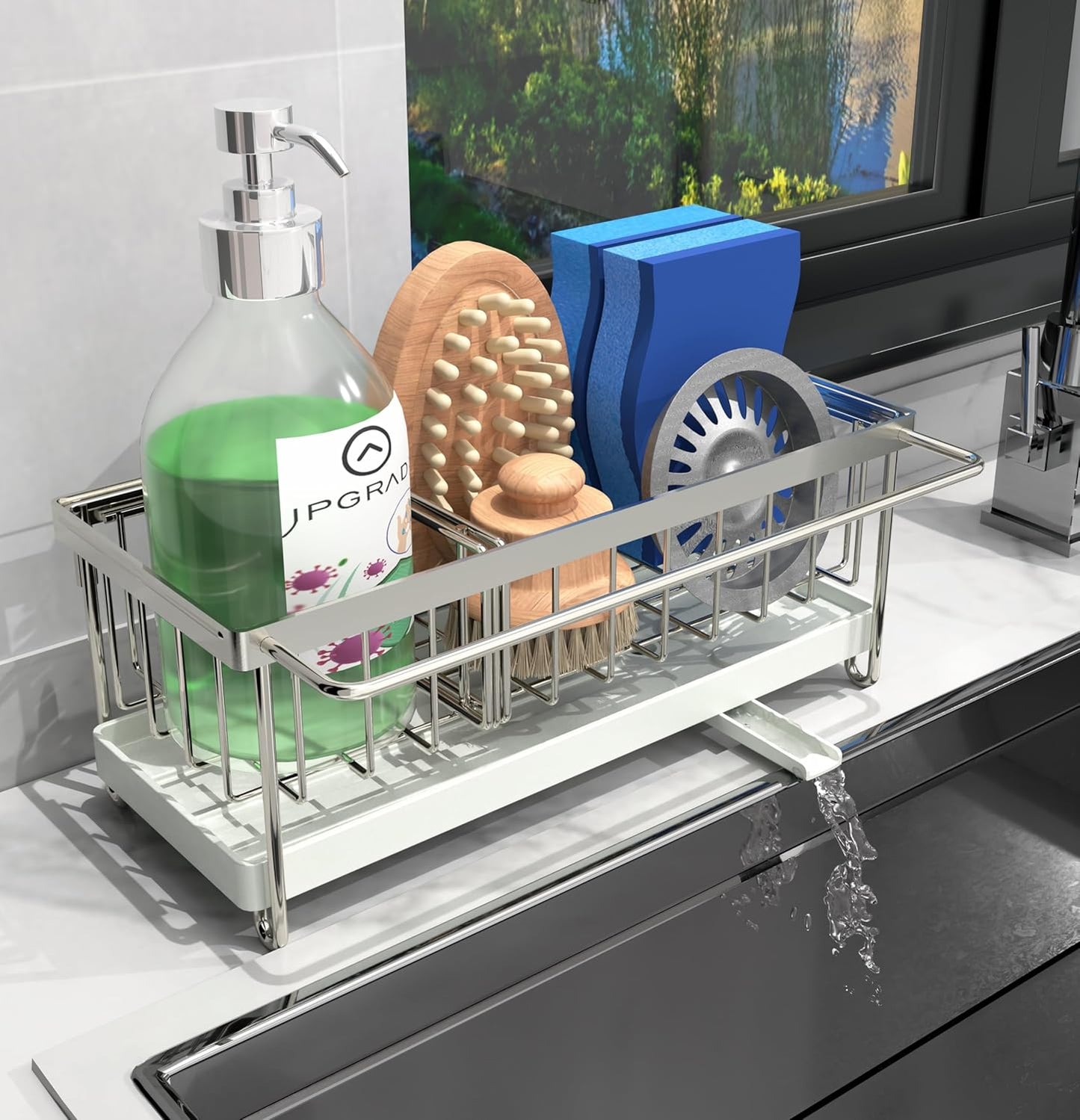 Kitchen Sink Organizer Sponge Holder with Dishrag and Dishcloth Rack, Rustproof 304 Stainless Steel with Auto Draining Tray