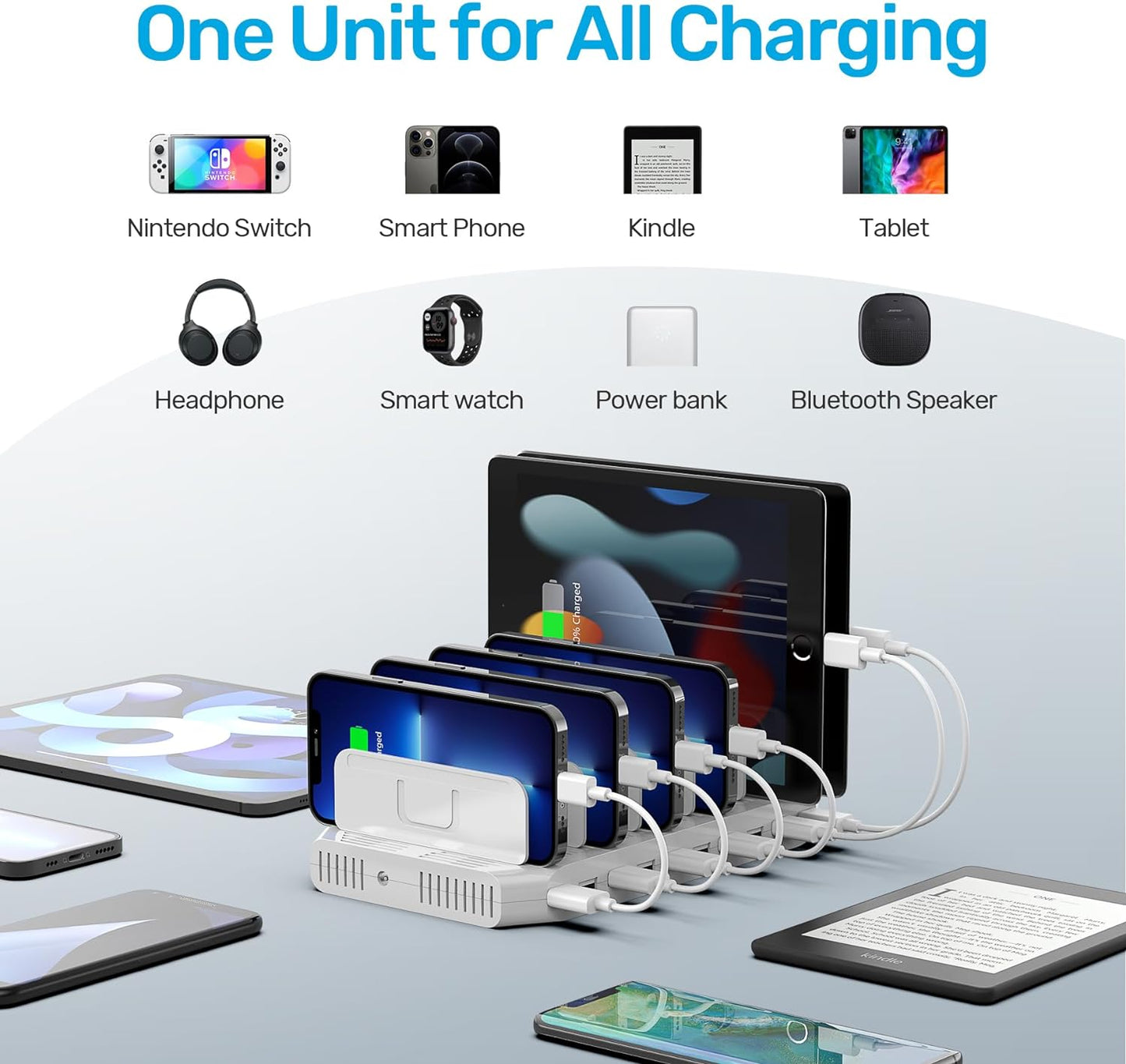 10-Port USB Charging Station with Smartic Technology and Adjustable Dividers for iPad, Tablet, Kindle, and iPhone