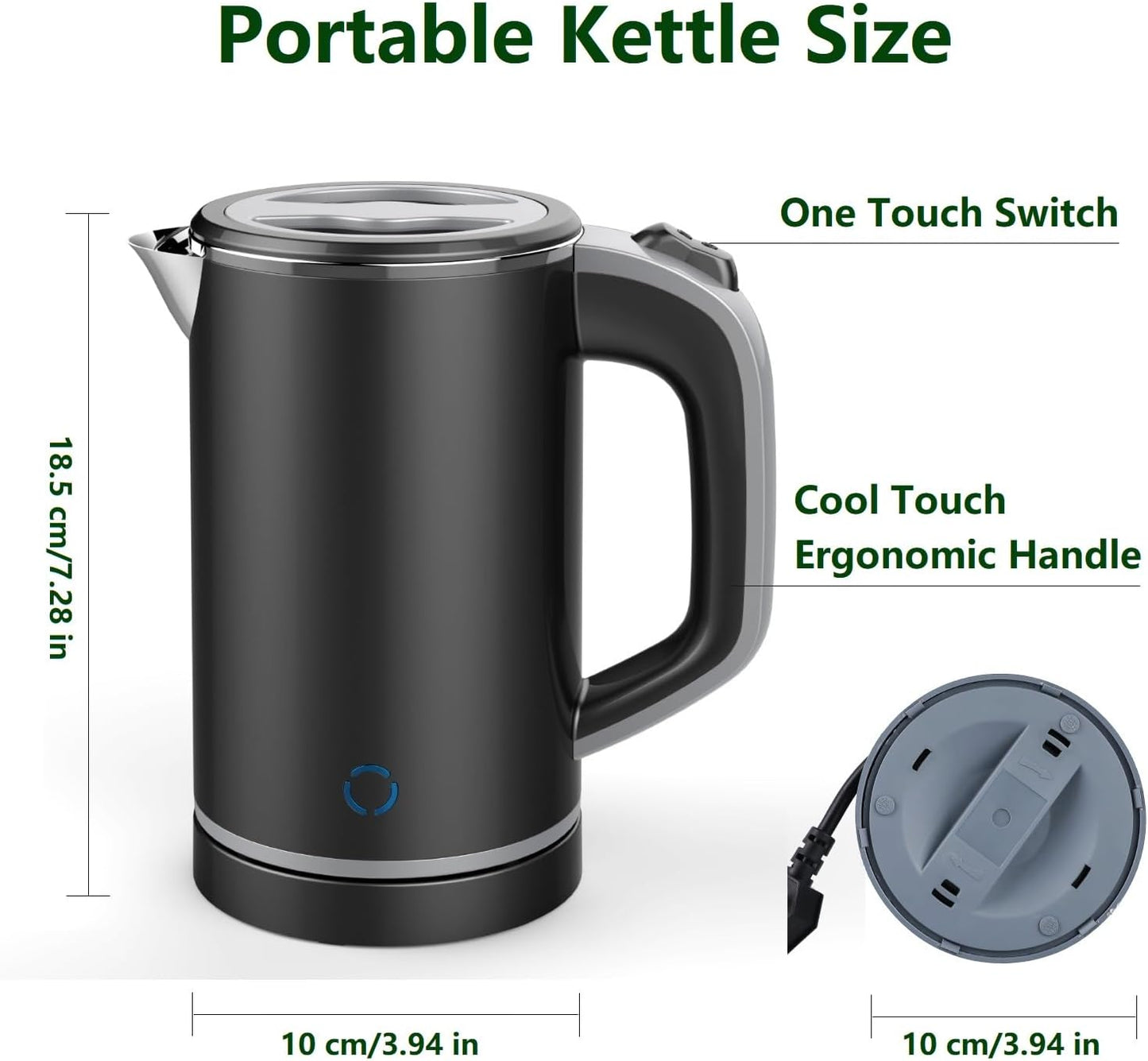 800ml Electric Kettle with Fast Boiling, Double Wall Design, Auto Shut-Off, Boil-Dry Protection, and BPA-Free Stainless Steel Cool Touch Finish (Black)