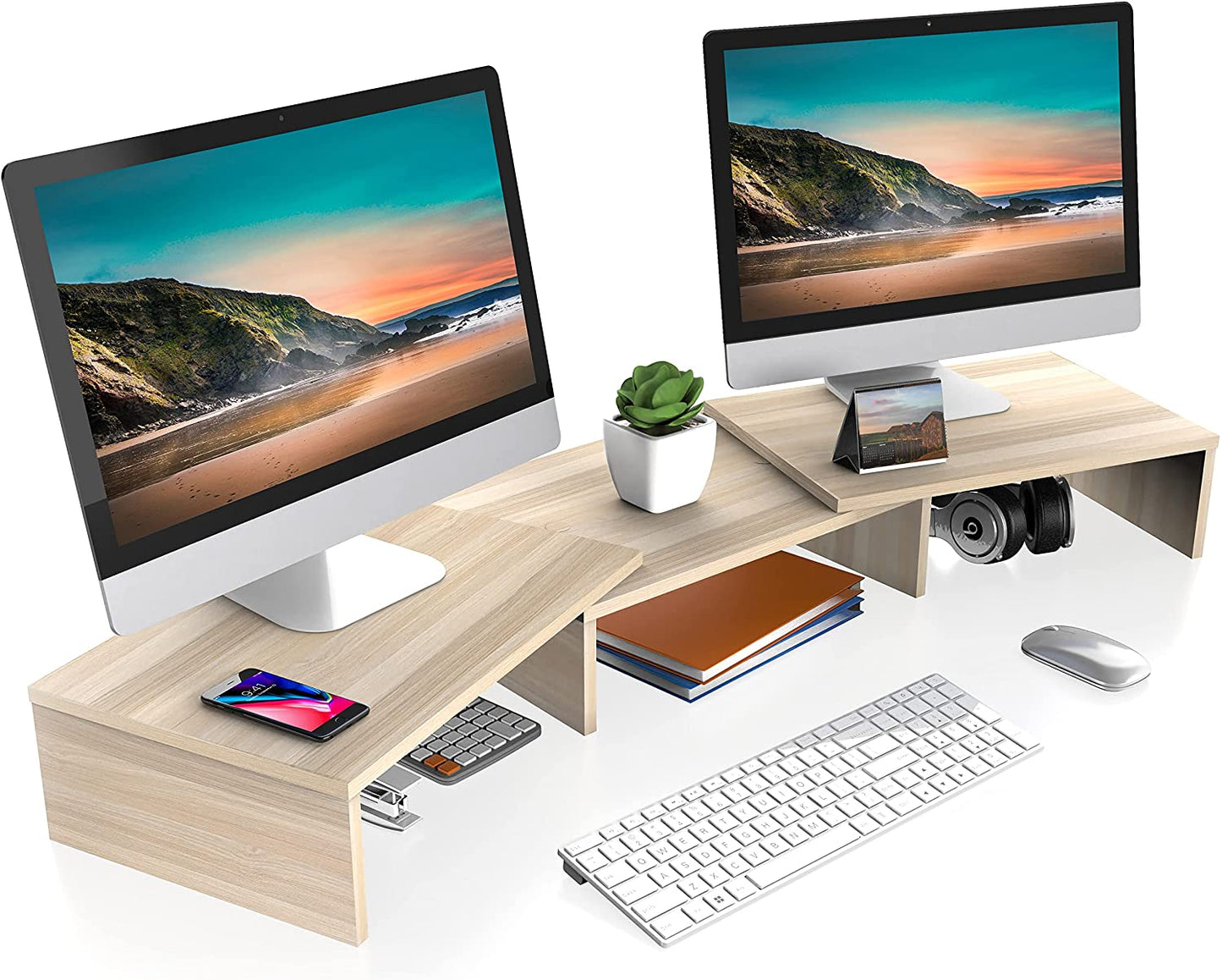 Dual Monitor Stand with Adjustable Length and Angle - 3-Shelf Wood Desktop Riser, Medium Black Office Accessory