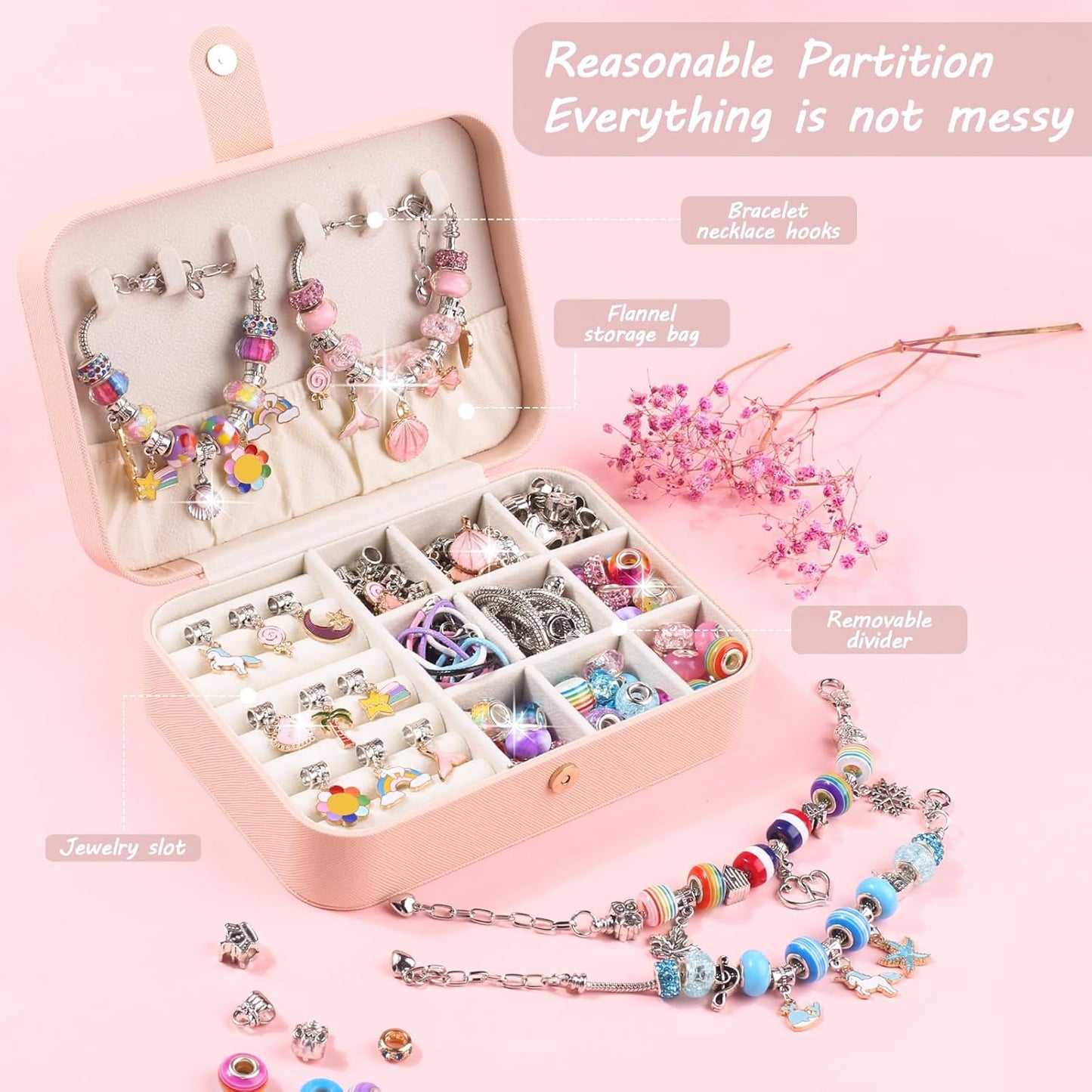 Charm Bracelet Making Kit - Girls 120 Pcs DIY Beaded Jewelry Making Kit, Unicorn & Mermaid Gifts for Girls Toys Crafts for Teen Girls Ages 5 6 7 8-12, with a Portable Bracelet Organizer Box