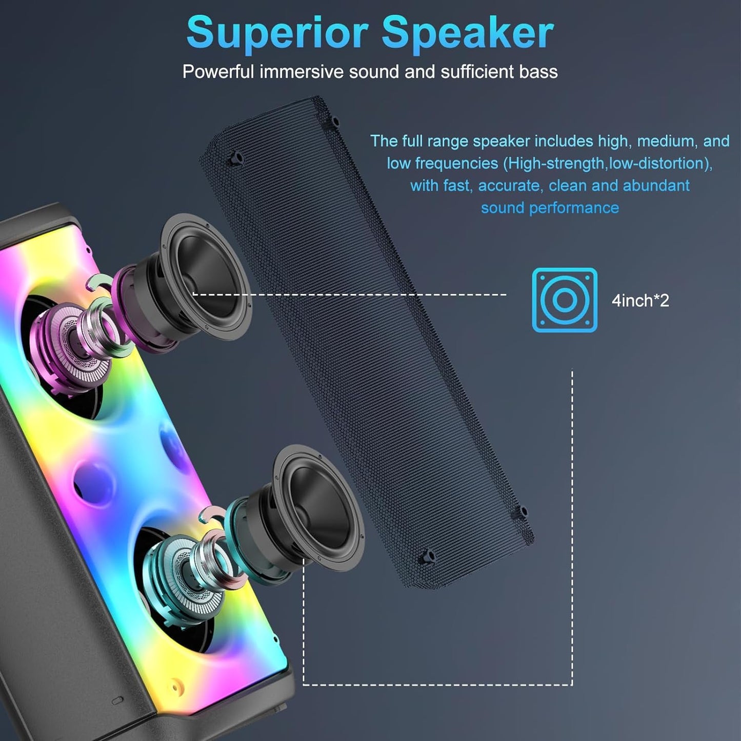 80W Peak Wireless Bluetooth Speaker - Subwoofer, TWS Portable Outdoor Party Speaker, Deep Bass, LED Lights, Loud Stereo Sound, Mic