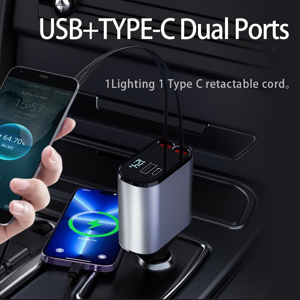 4-in-1 Fast Car Phone Charger, 60W USB Charger - Retractable Cables, Compatible with iPhone 15/14/13/12/11 and Galaxy Devices