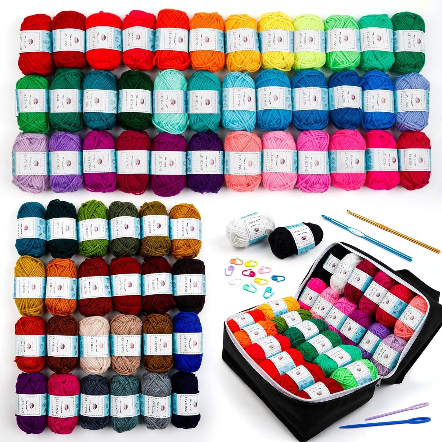 Acrylic Yarn Set: 62 Skeins (2170 Yards) for Knitting and Crochet, Complete with 2 Crochet Hooks, 2 Weaving Needles, and 10 Stitch Markers - Ideal Beginner Kit for Adults and Kids