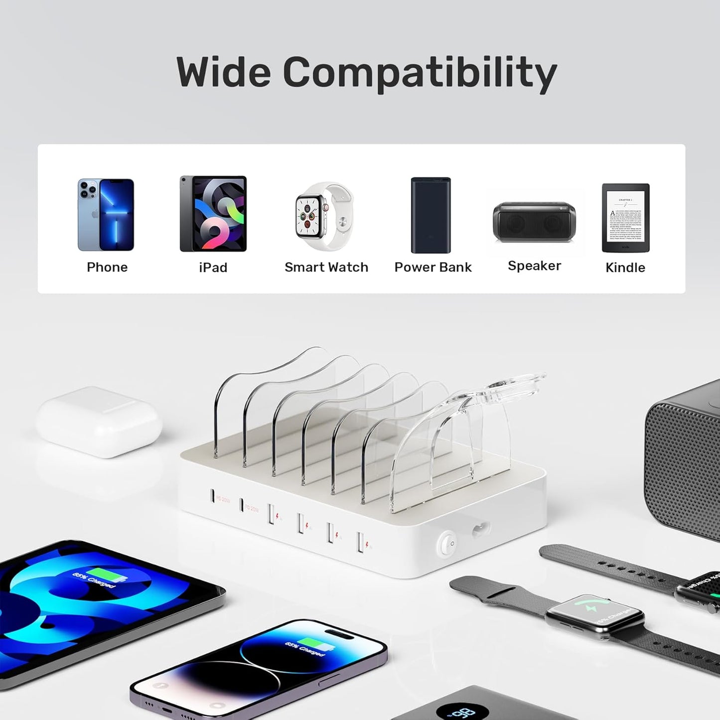 Fast USB Charging Station - 6 Port USB C Charging Dock with 2 PD 20W, Multiple Devices Charging Station Organizer